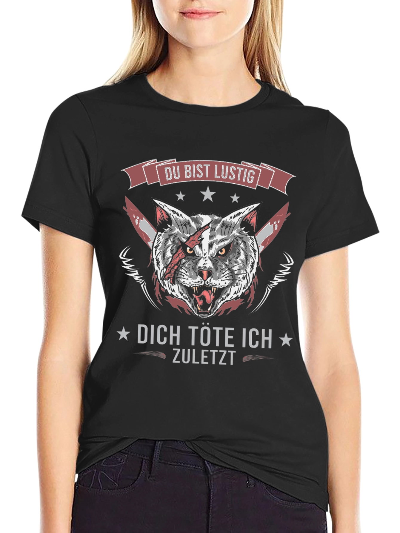 Black Du Bist Lustig T-Shirt - Killer Cat Design view 2