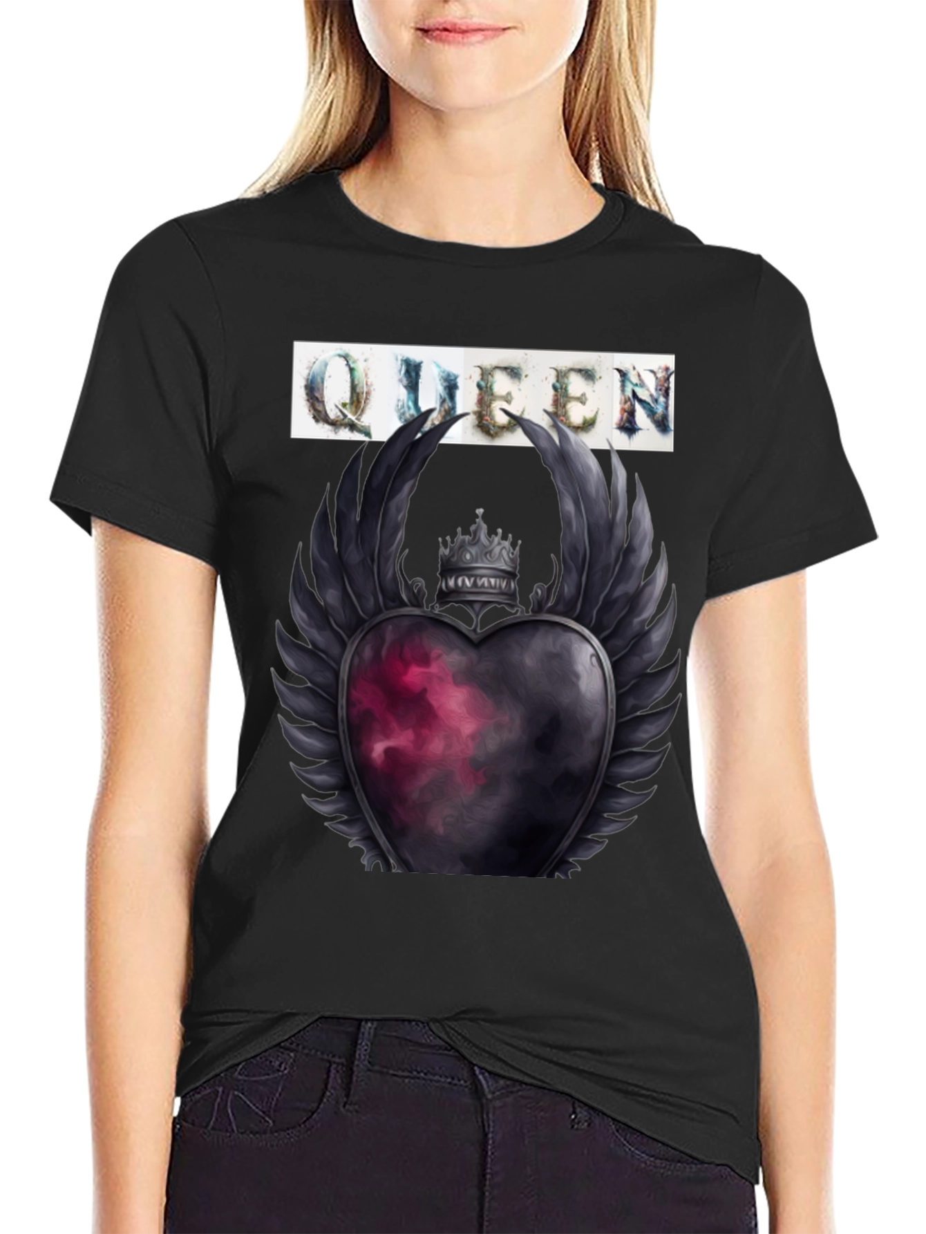 Black Queen Heart Crown Graphic Tee - Trendy Style view 2