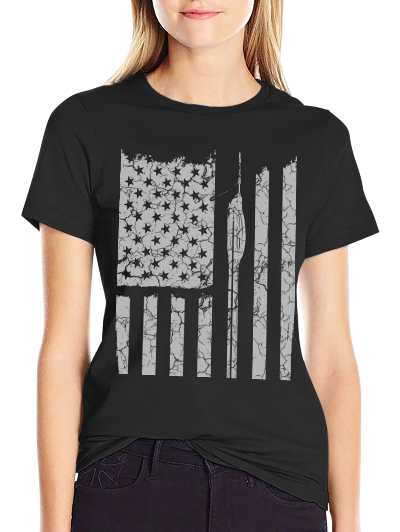 Black Distressed American Flag Spear Fishing T-Shirt view 2