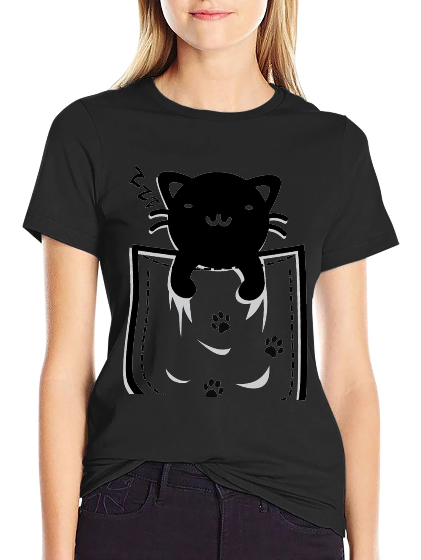 Black Pocket Cat T-Shirt - Black Kitten Tee view 2