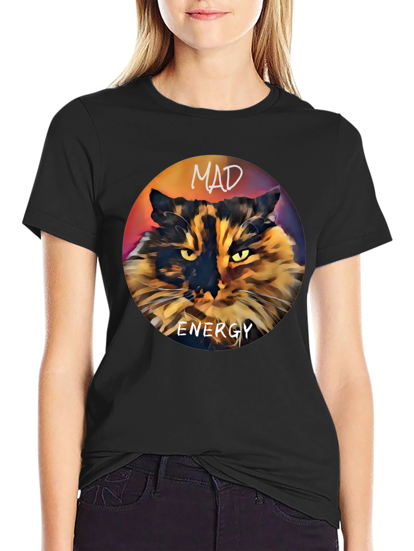 Black Mad Energy Cat Graphic T-Shirt view 2