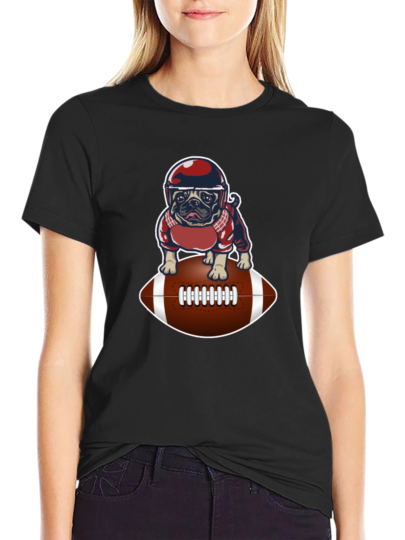 Black Football Pug Graphic T-Shirt view 2
