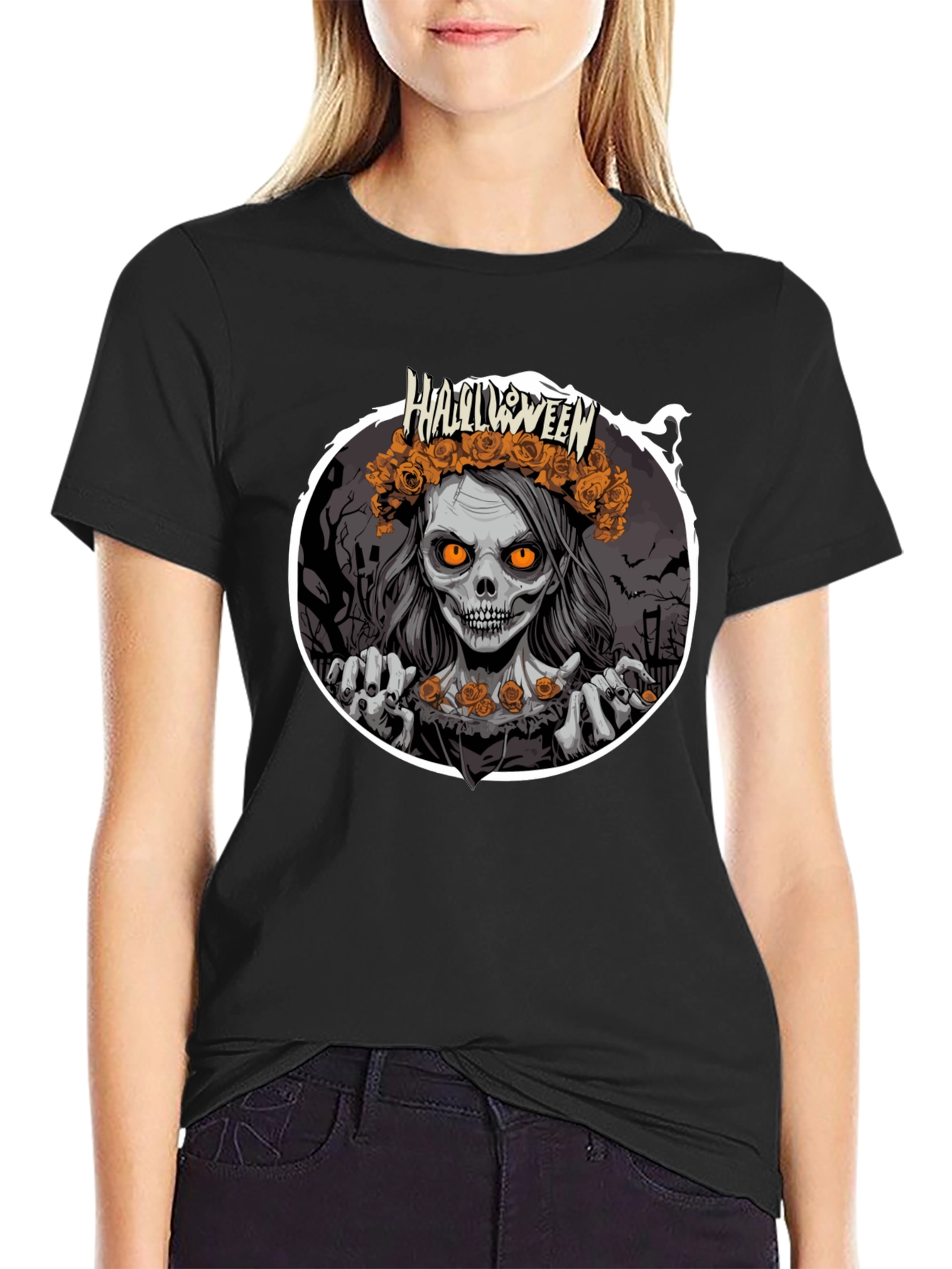 Black Halloween Zombie Woman Black T-Shirt view 2