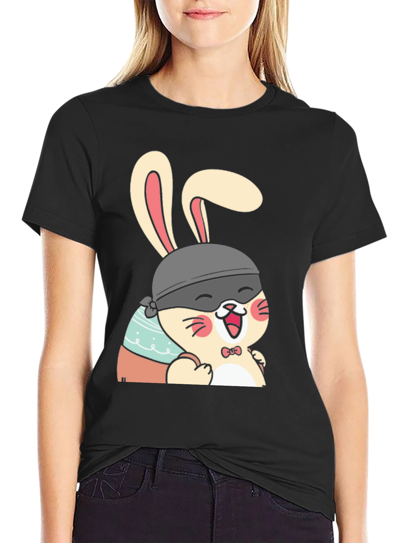 Black Cute Bunny T-Shirt - Black Cotton Tee view 2