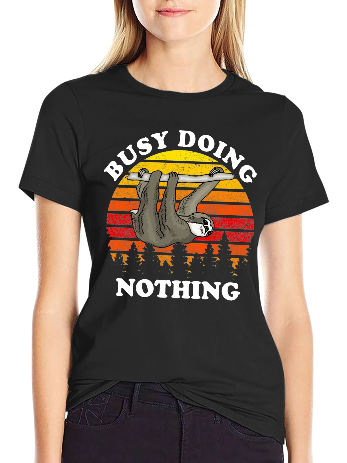 Black Busy Doing Nothing Sloth Graphic T-Shirt view 2