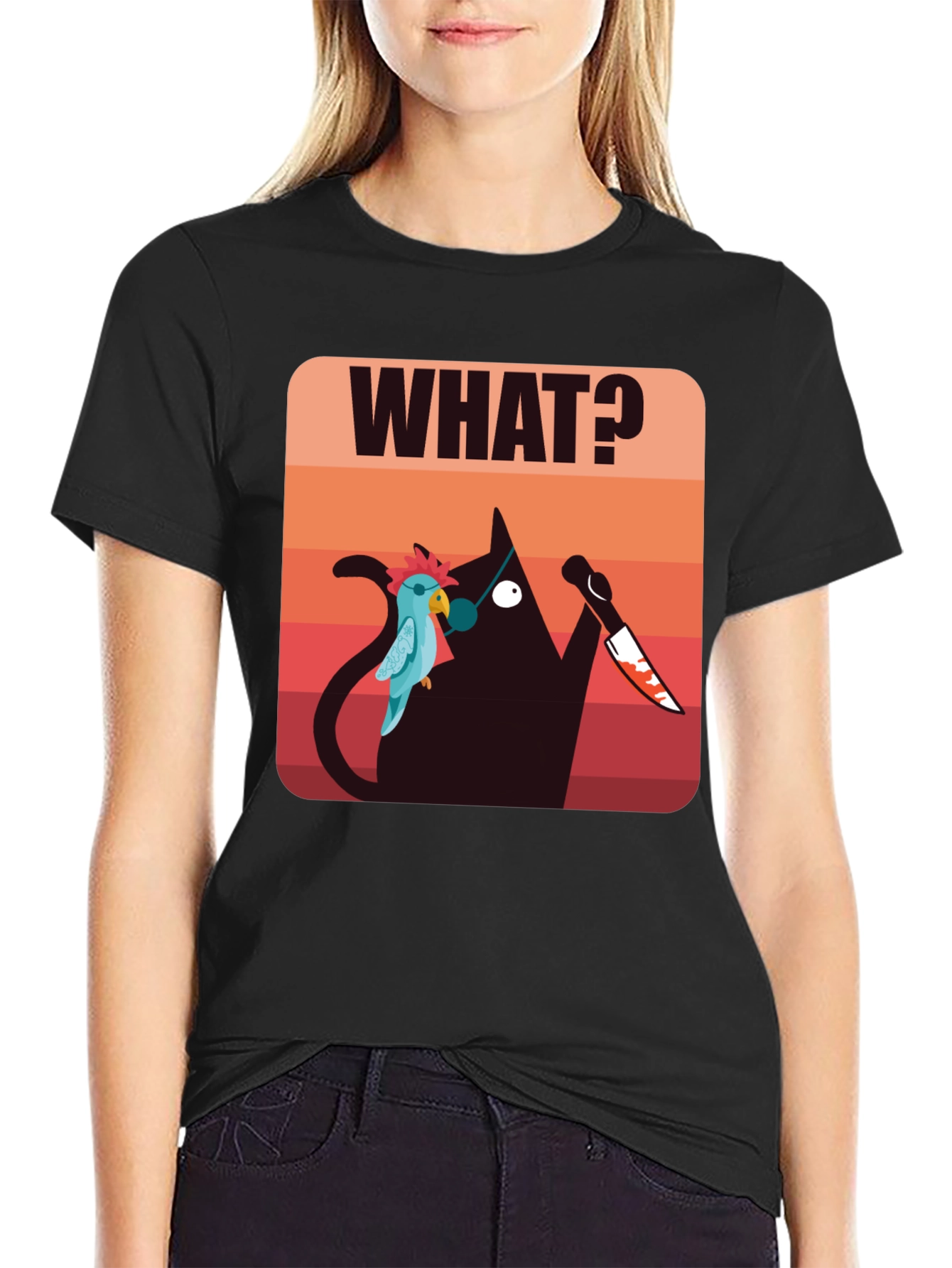Black Funny Cat with Knife T-Shirt - Men's Black Graphic Tee view 2