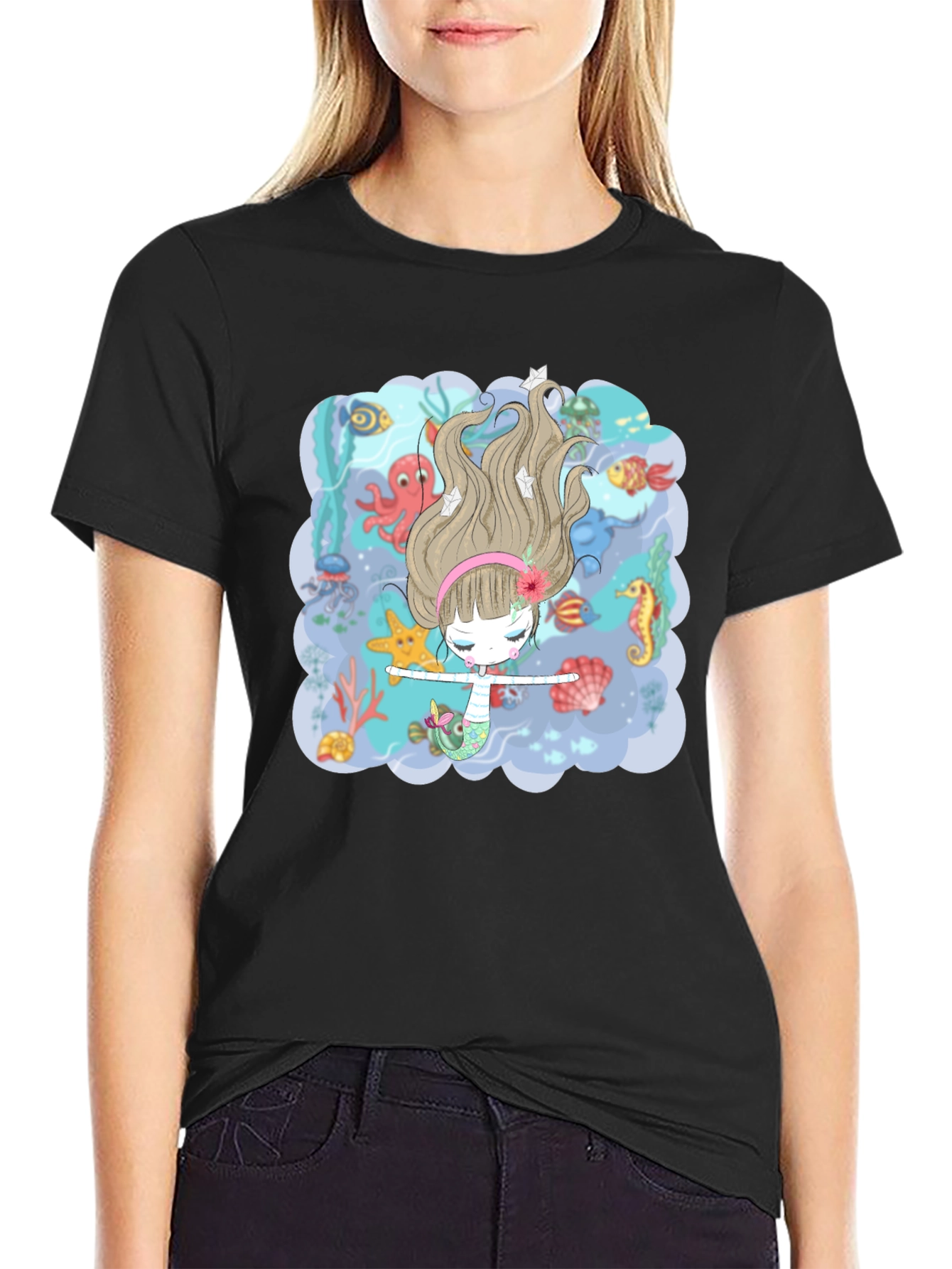 Black Mermaid T-Shirt - Undersea Adventure Design view 2