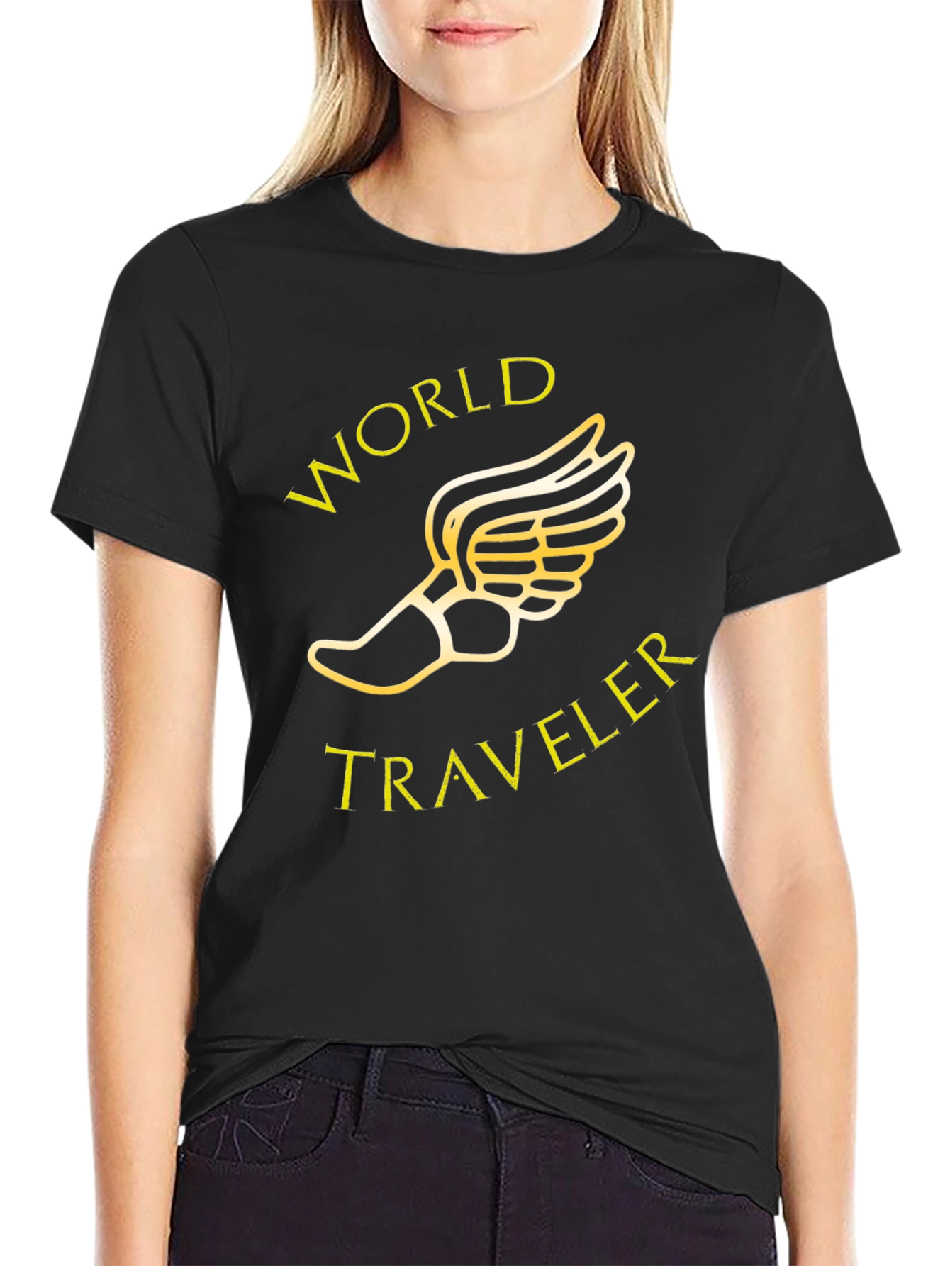 Black World Traveler Black T-Shirt with Winged Foot Graphic view 2