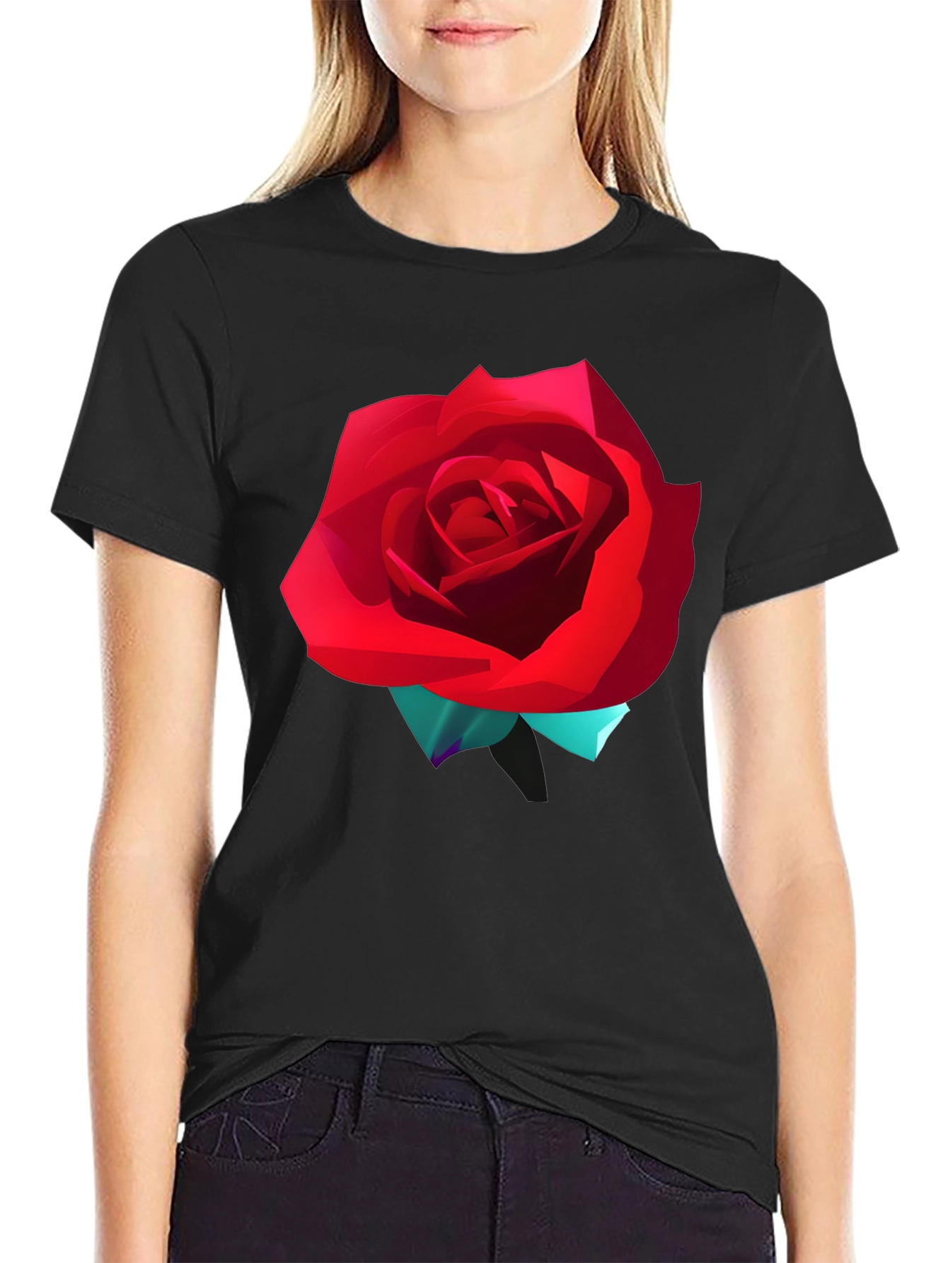 Black Bold Red Rose Graphic T-Shirt view 2
