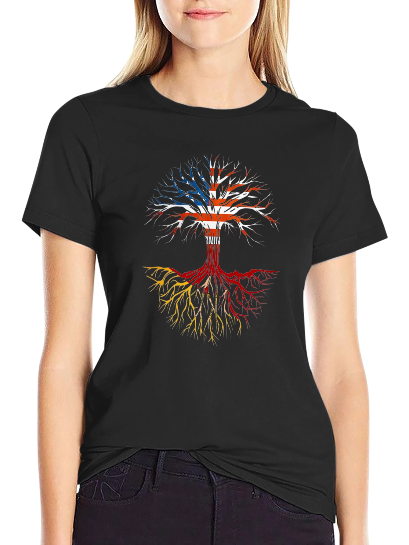 Black Roots Tee: USA Flag Tree Design view 2