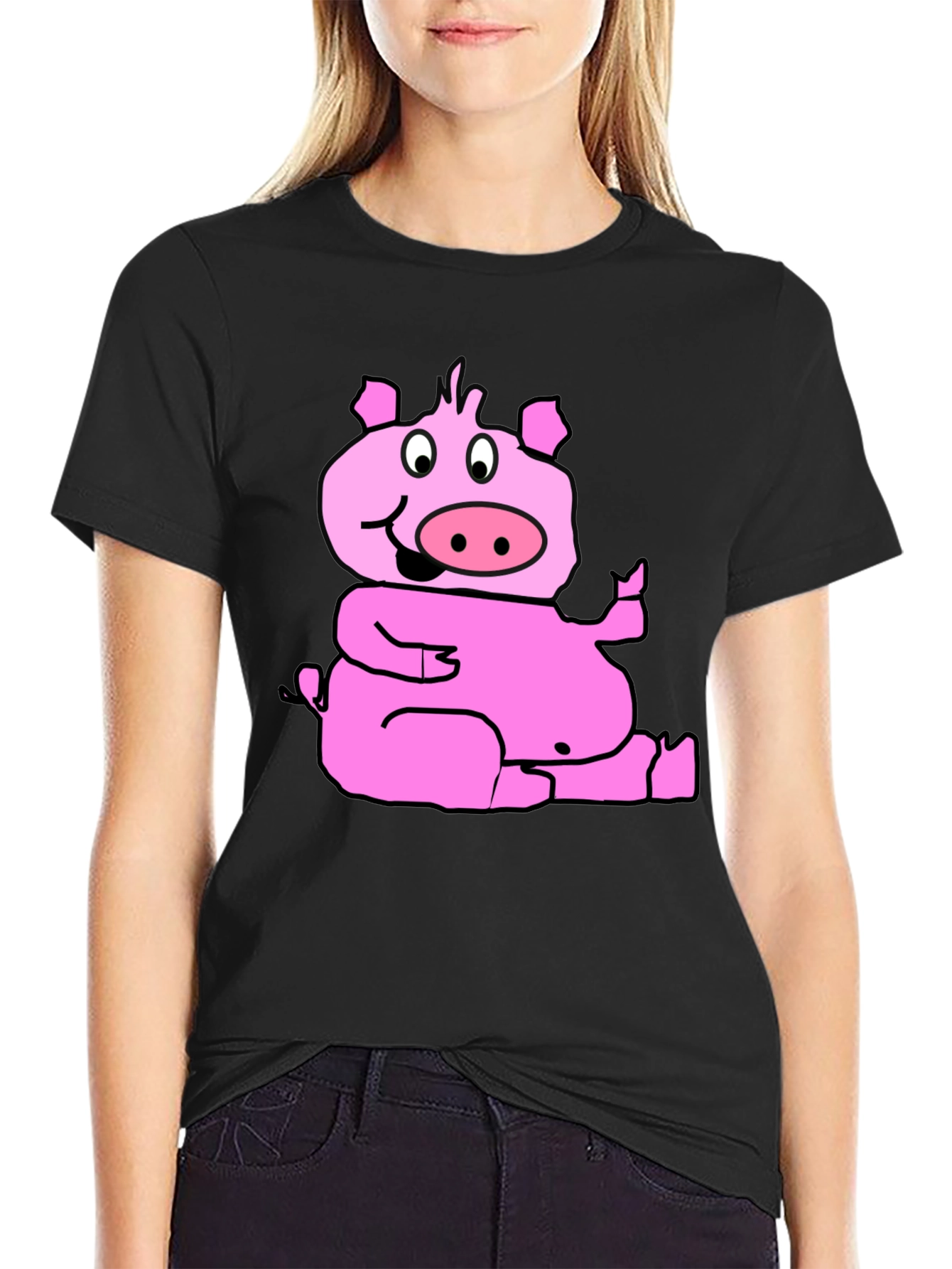Black Funny Pig Graphic T-Shirt - Black Cotton Tee view 2