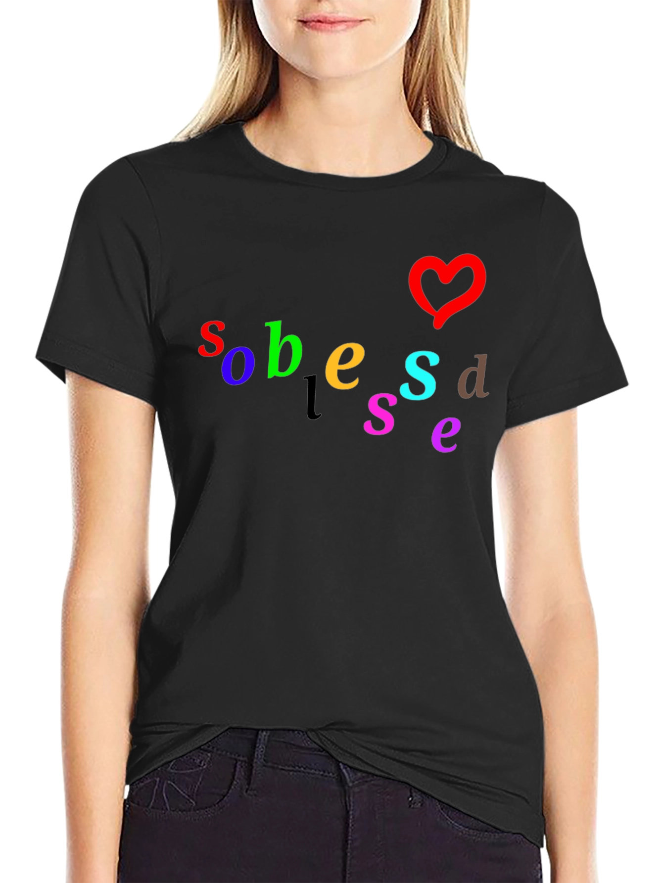 Black Colorful Graphic T-Shirt with Heart Design view 2