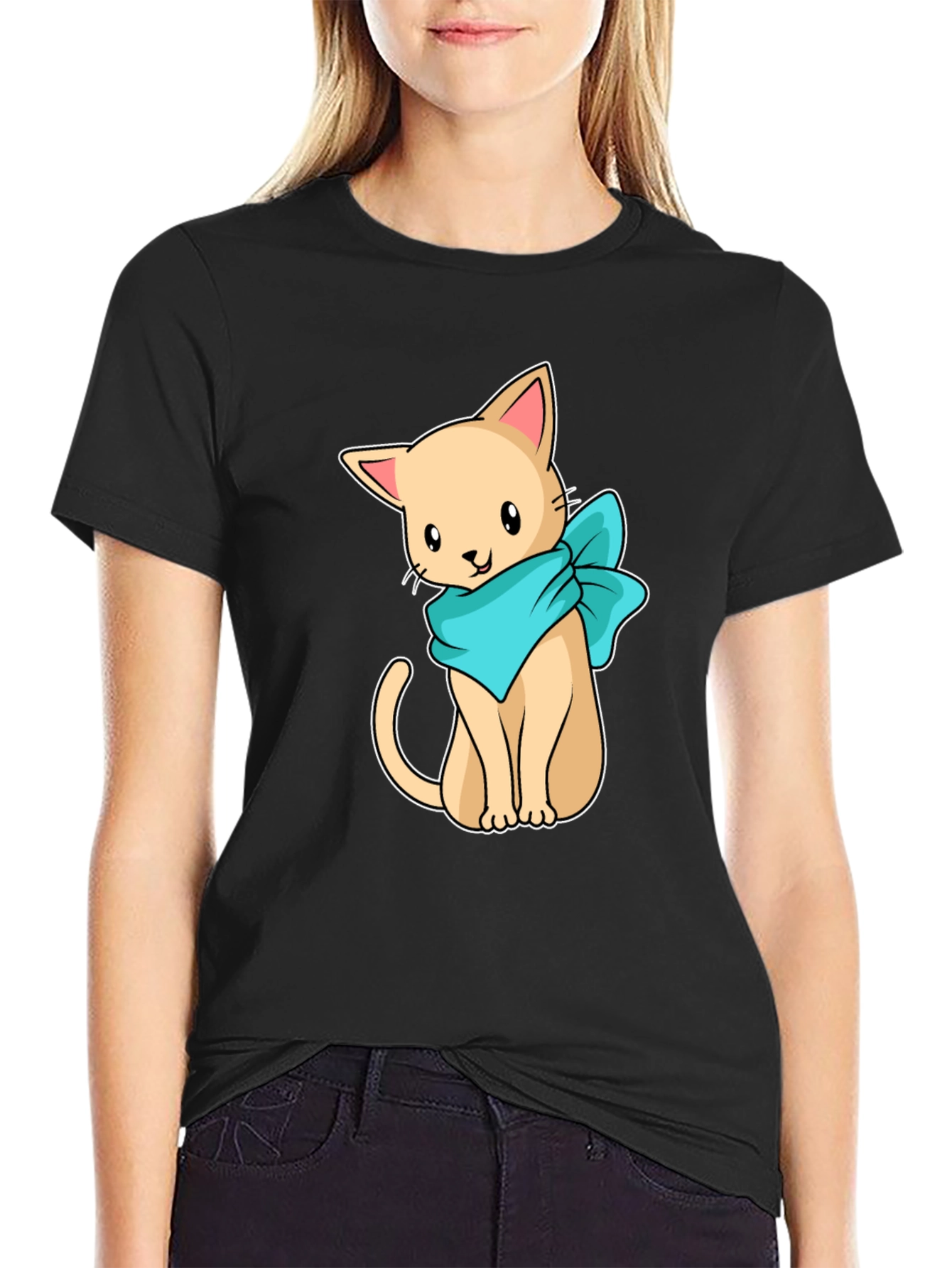 Black Cute Cartoon Cat Graphic Tee - Black Unisex Shirt view 2