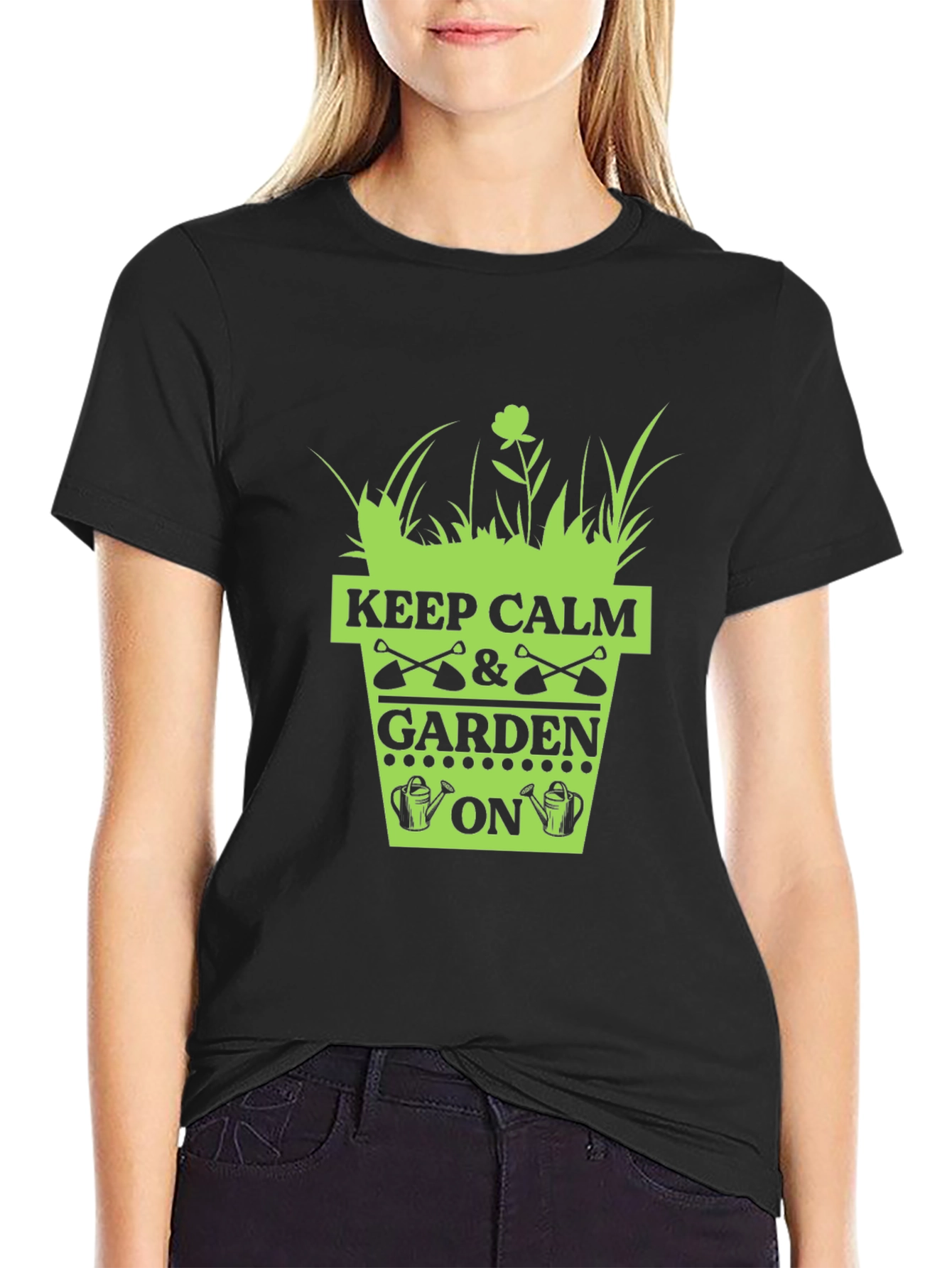 Black Keep Calm & Garden On T-Shirt - Gardening Humor view 2