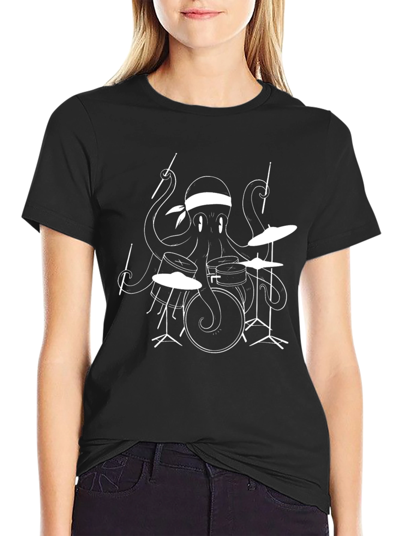 Black Octopus Drummer Graphic Tee - Black Cotton T-Shirt view 2
