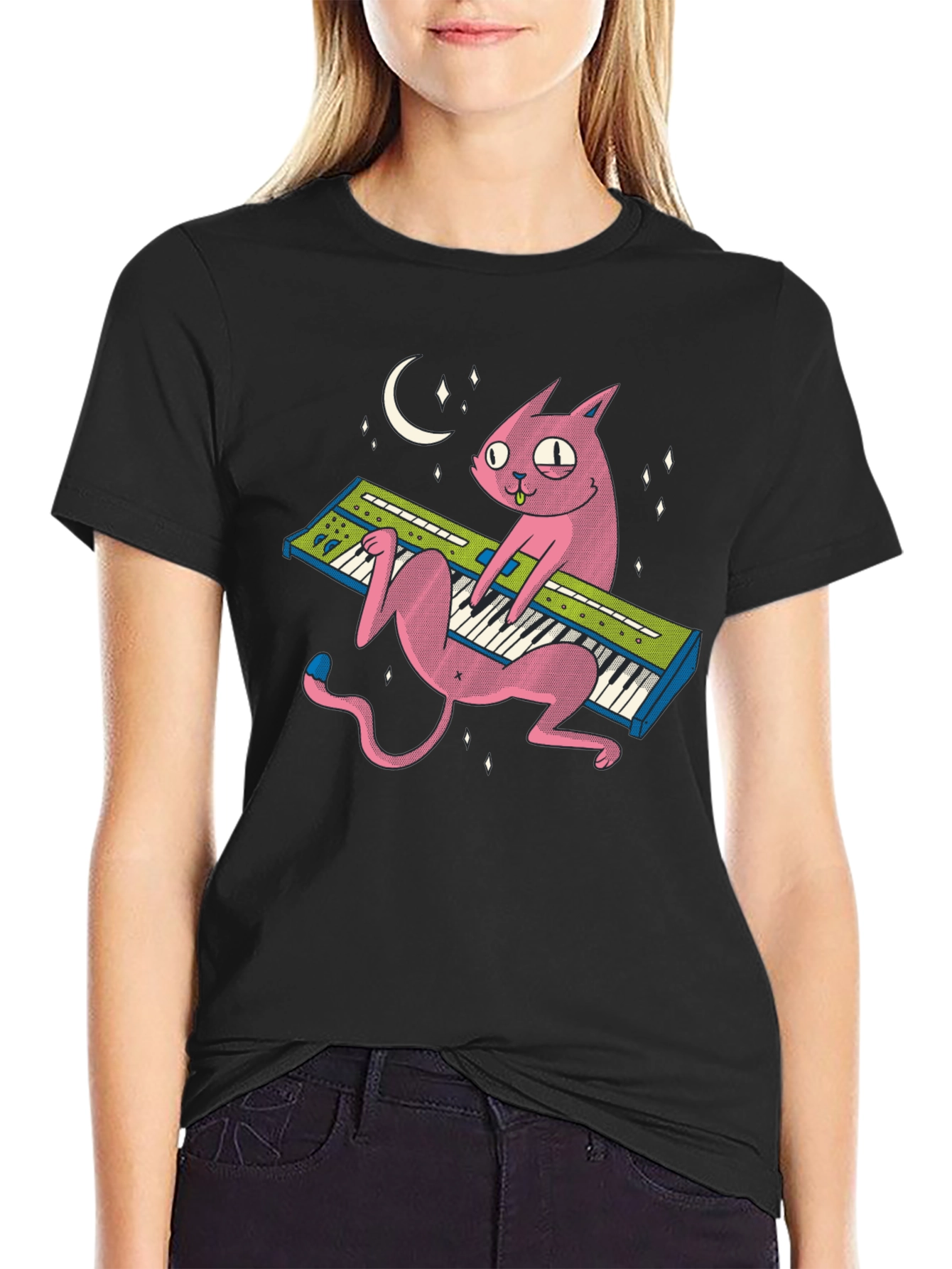 Black Cat Playing Keyboard T-Shirt view 2