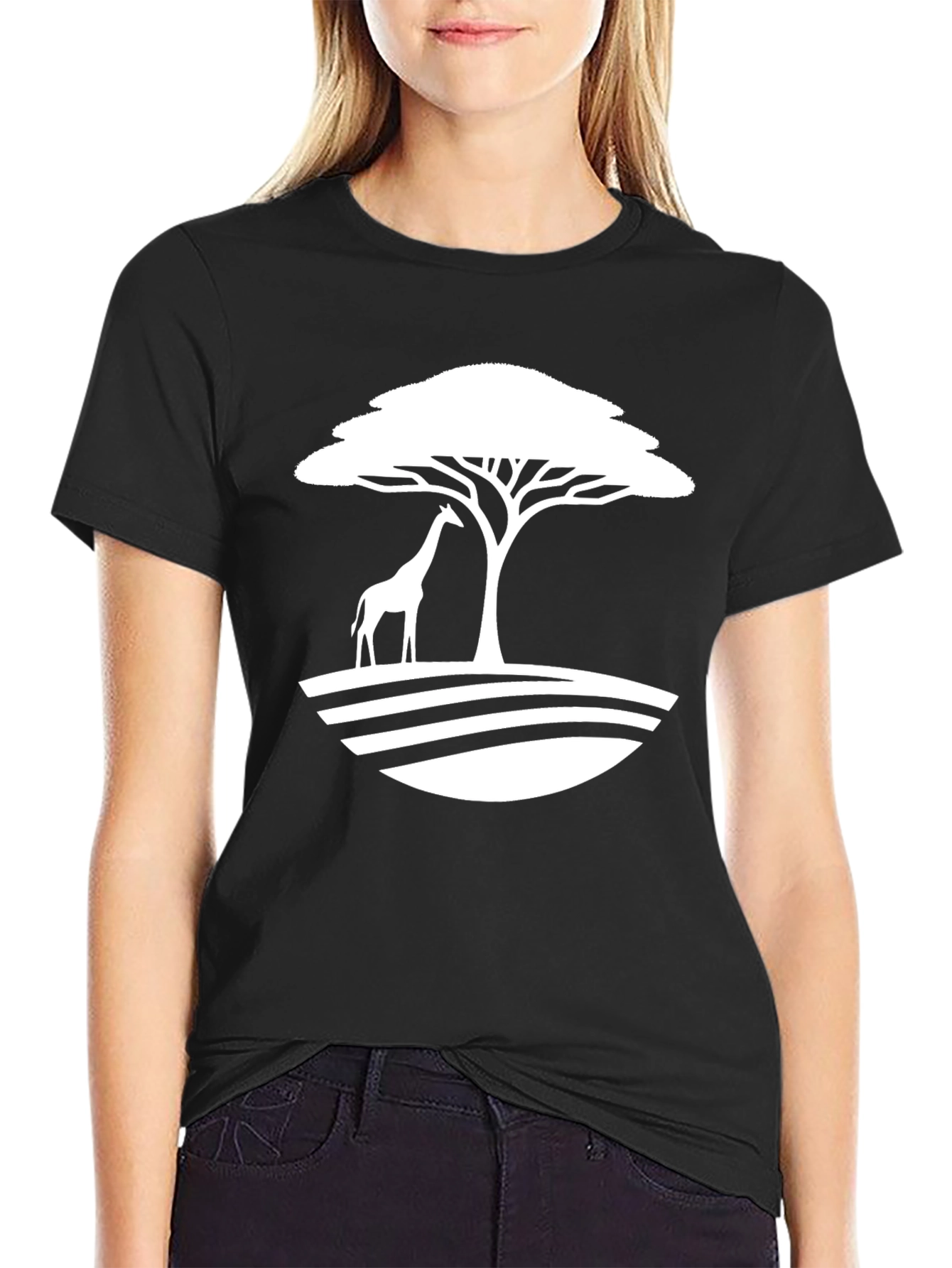Giraffe Savannah Tree Graphic Tee - Black Cotton Casual Shirt - 2