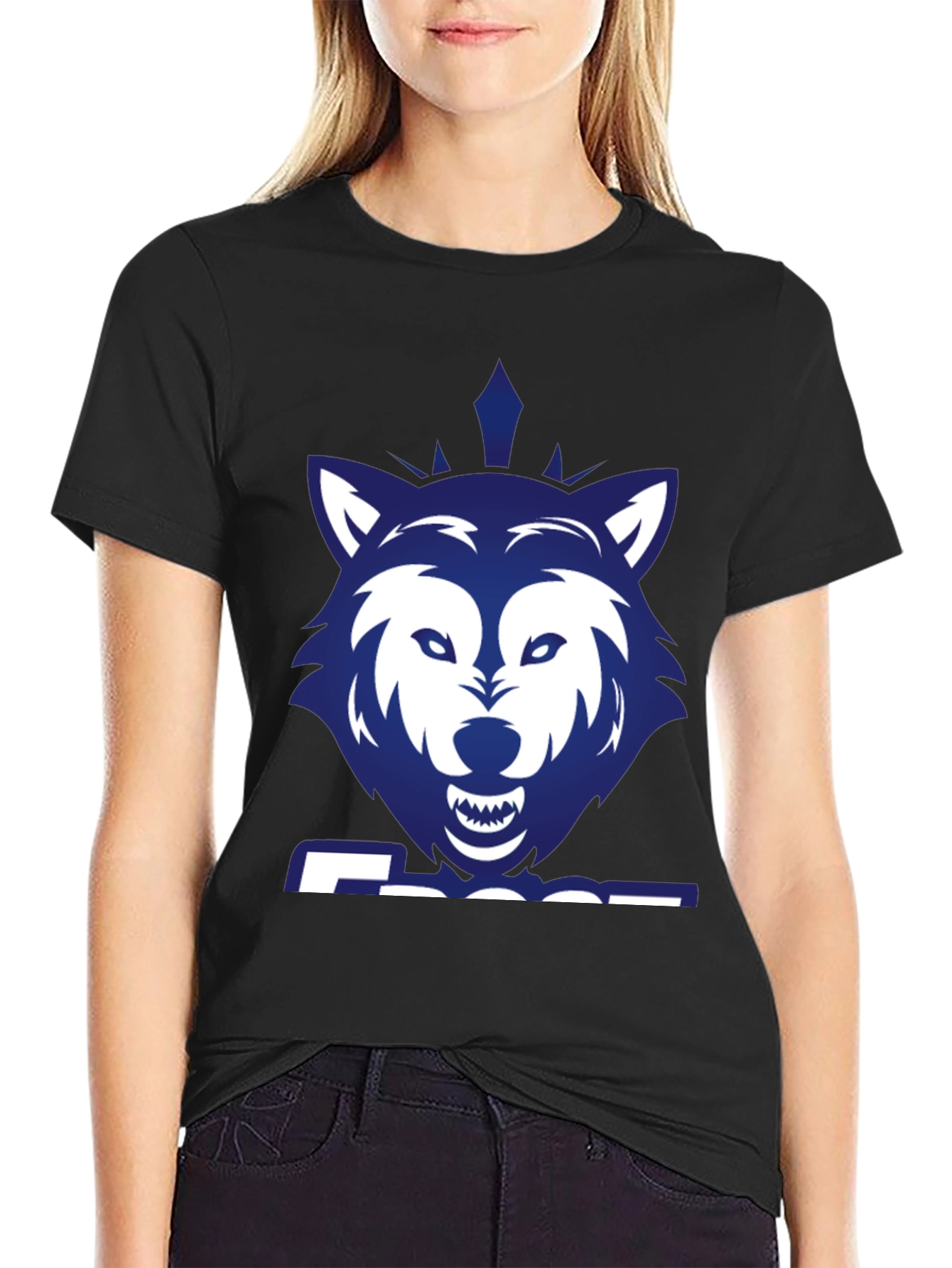 Black Blue Wolf Graphic Print Black T-Shirt view 2