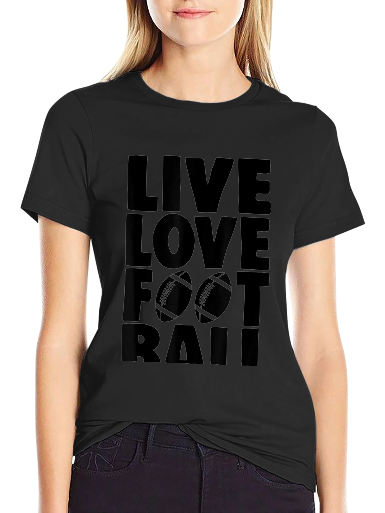 Black Live Love Football Graphic Tee - Black Cotton T-Shirt view 2