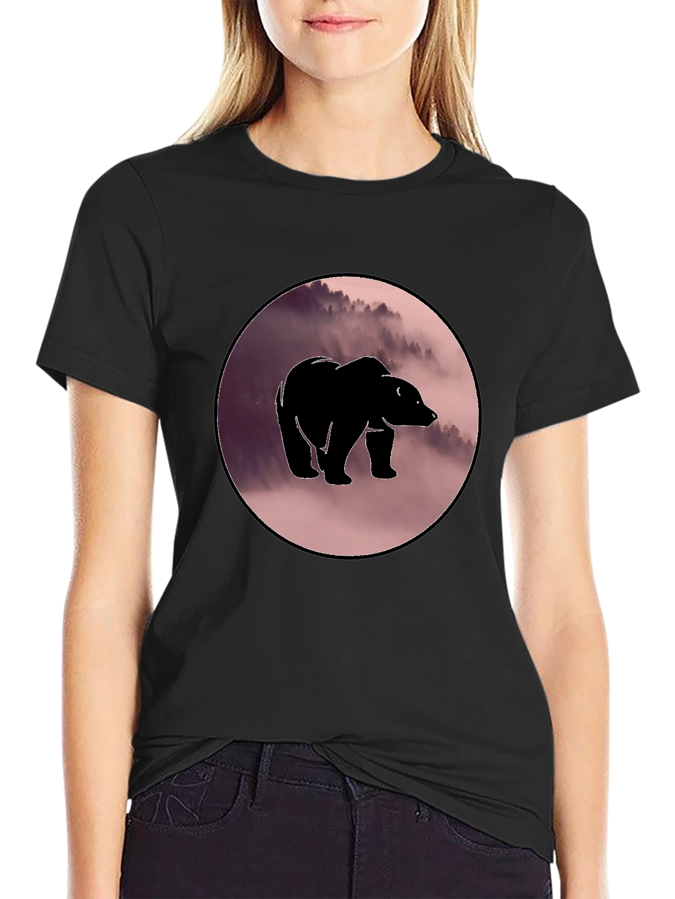 Black Bear Silhouette Graphic Print Crew Neck T-Shirt view 2
