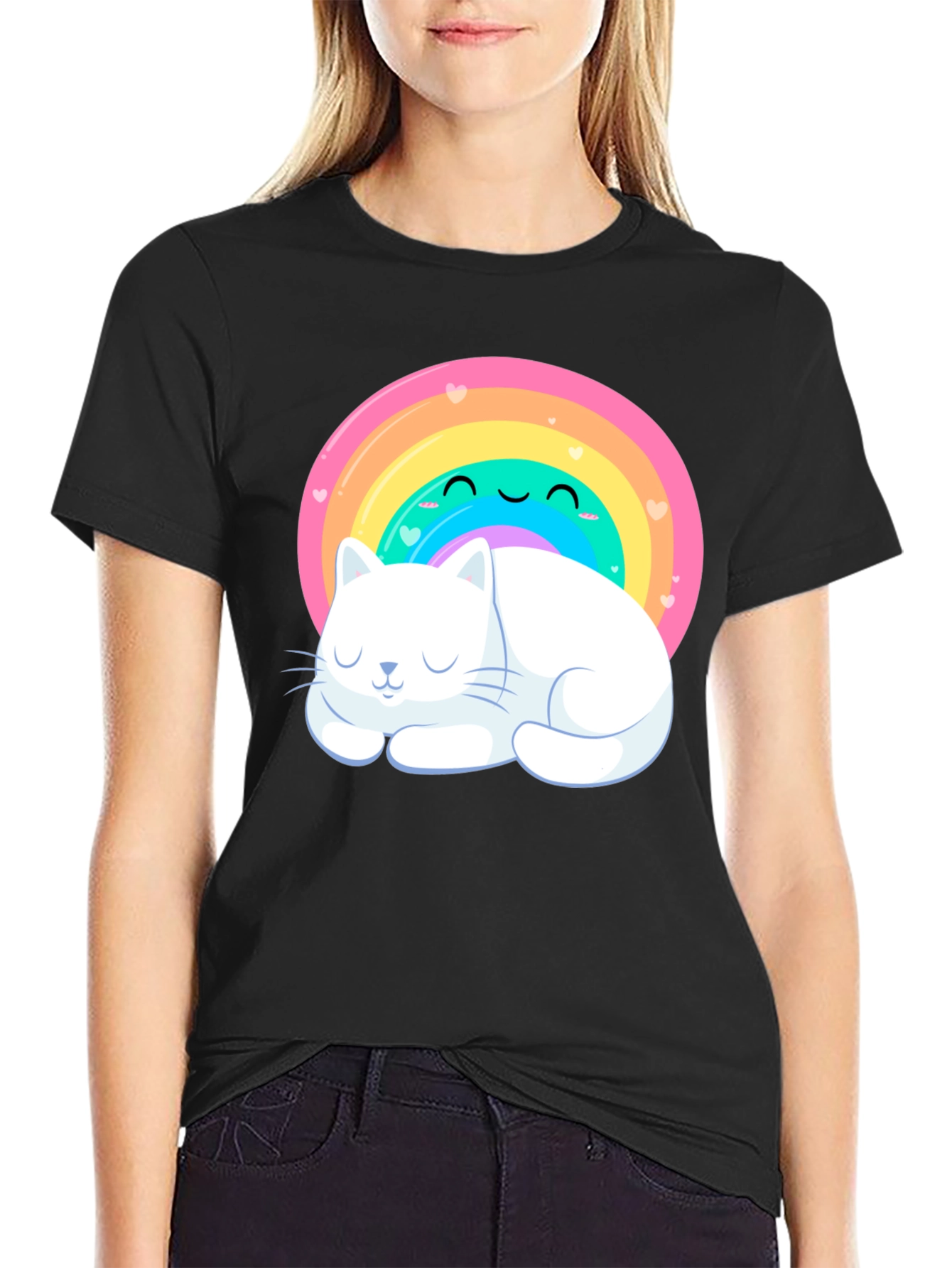 Black Cute Rainbow Cat T-Shirt view 2