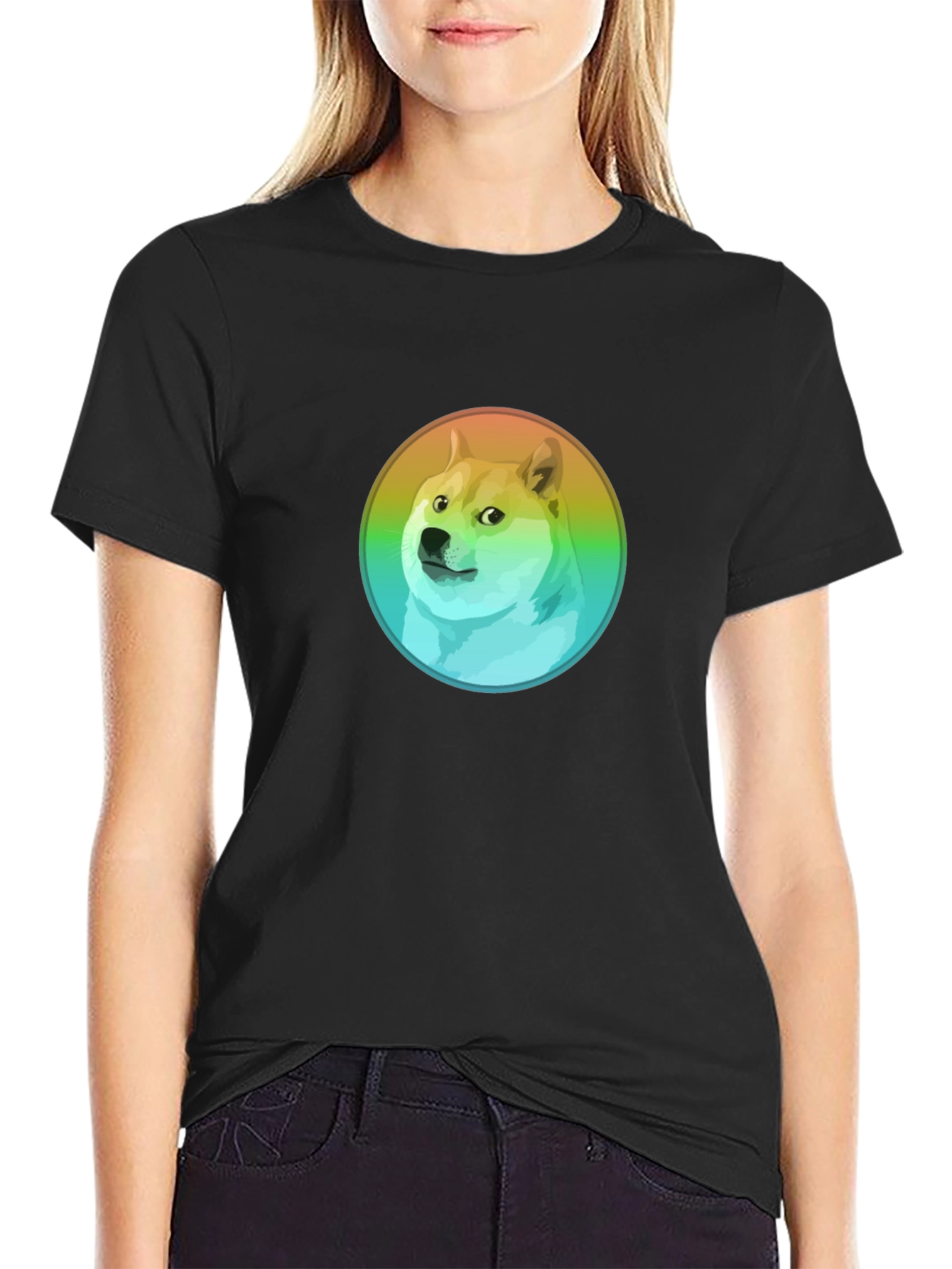 Black Doge Rainbow Circle Graphic Black T-Shirt view 2