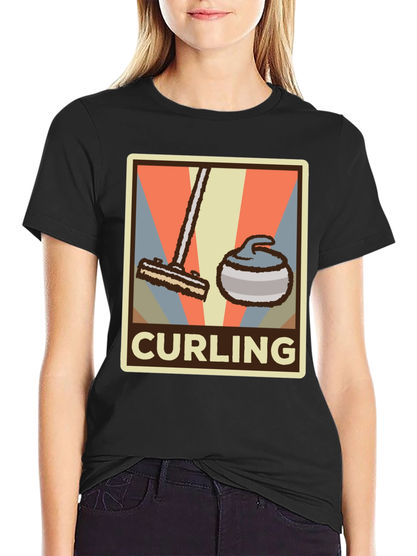 Black Retro Curling T-Shirt - Vintage Style Sports Tee view 2