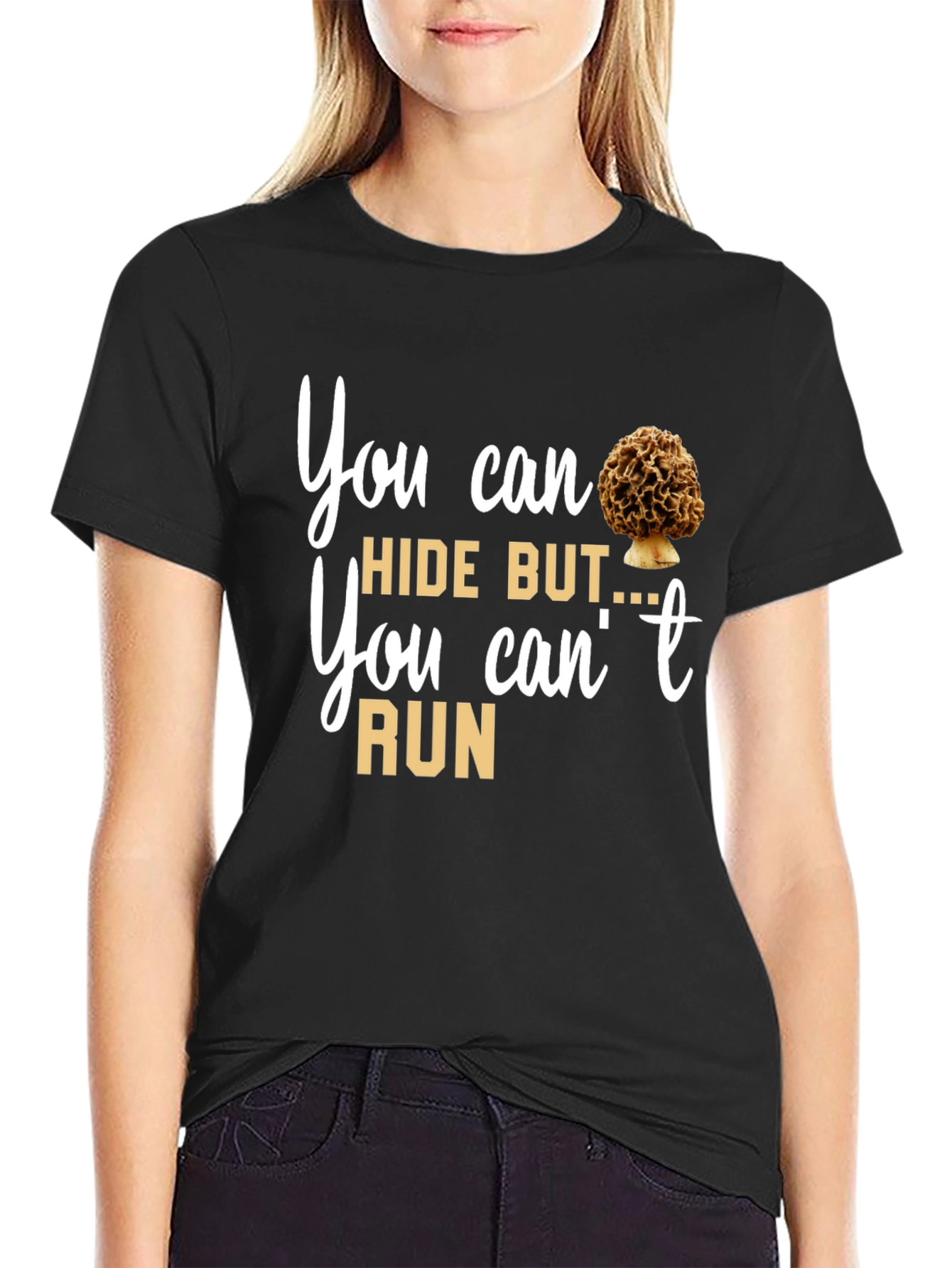 Black Mushroom Lover T-Shirt: You Can Hide But You Can't Run Tee view 2