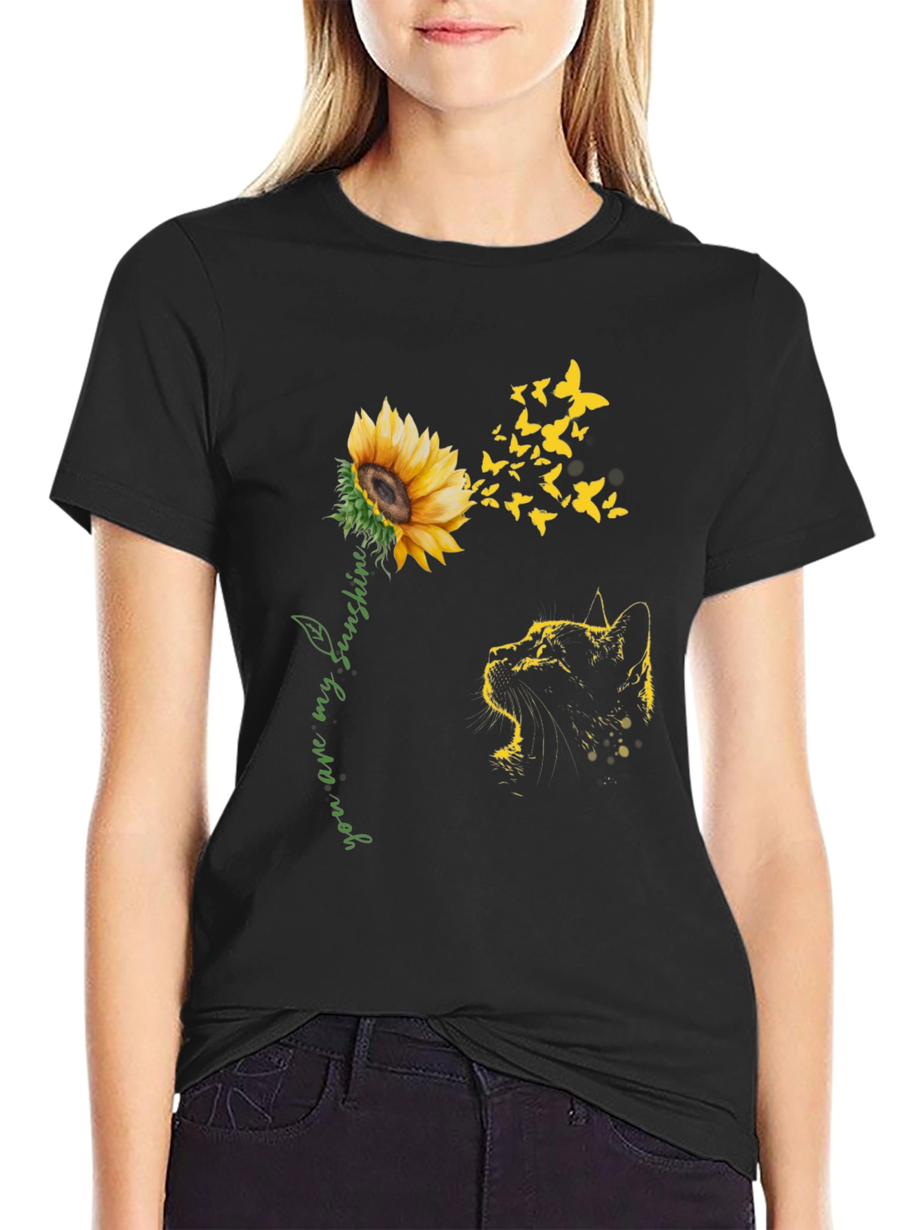 Black Sunflower Cat Graphic Tee - "You Are My Sunshine" view 2