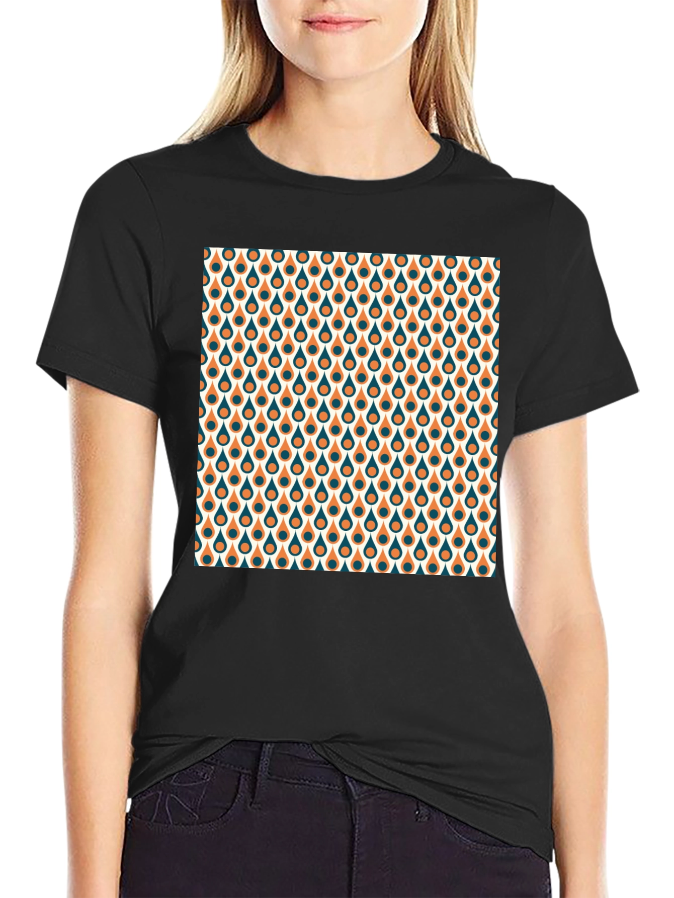 Black Retro Teardrop Pattern Black T-Shirt view 2