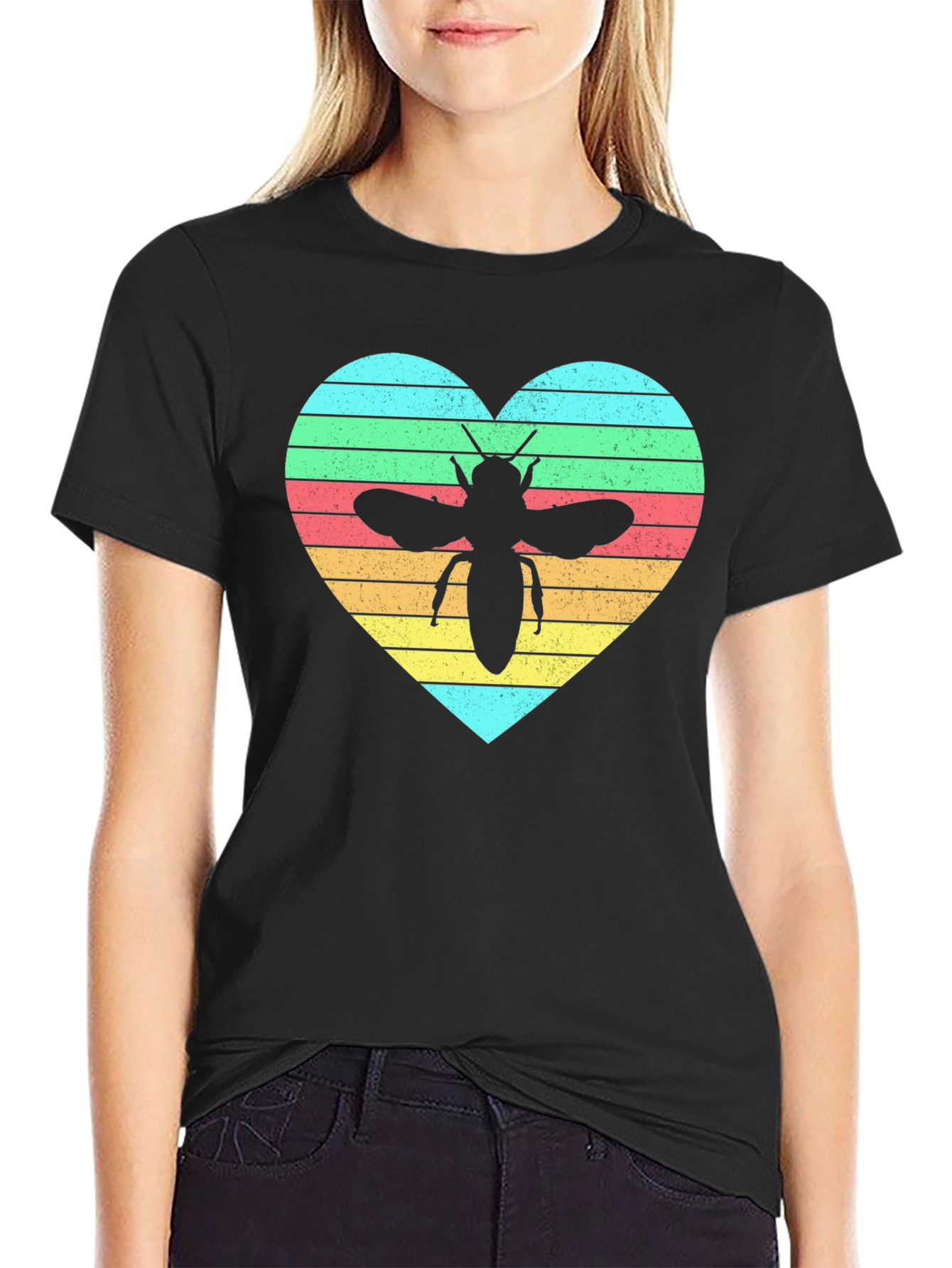 Black Bee Heart T-Shirt - Black, Short Sleeve, Graphic Tee view 2