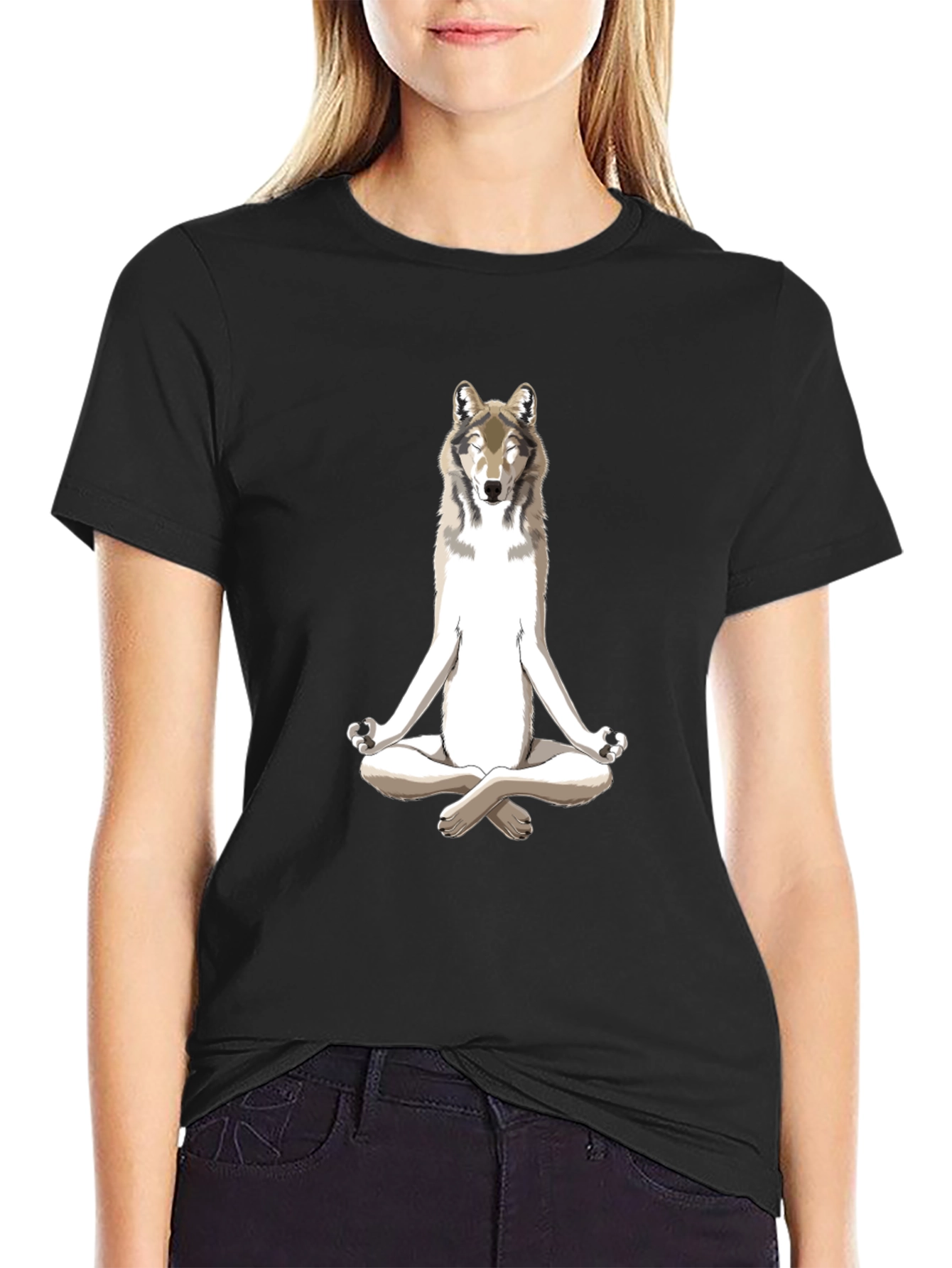 Black Zen Wolf Graphic Tee - Black Cotton Blend Shirt view 2