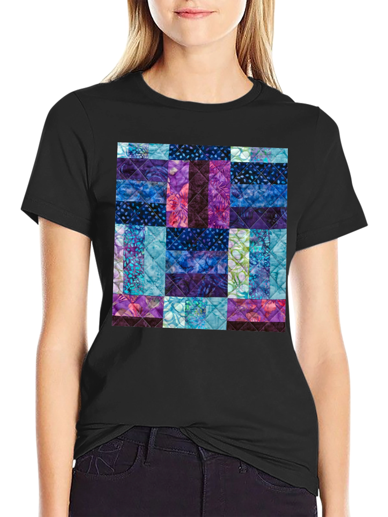 Black Quilted Pattern T-Shirt - Modern Abstract Design view 2