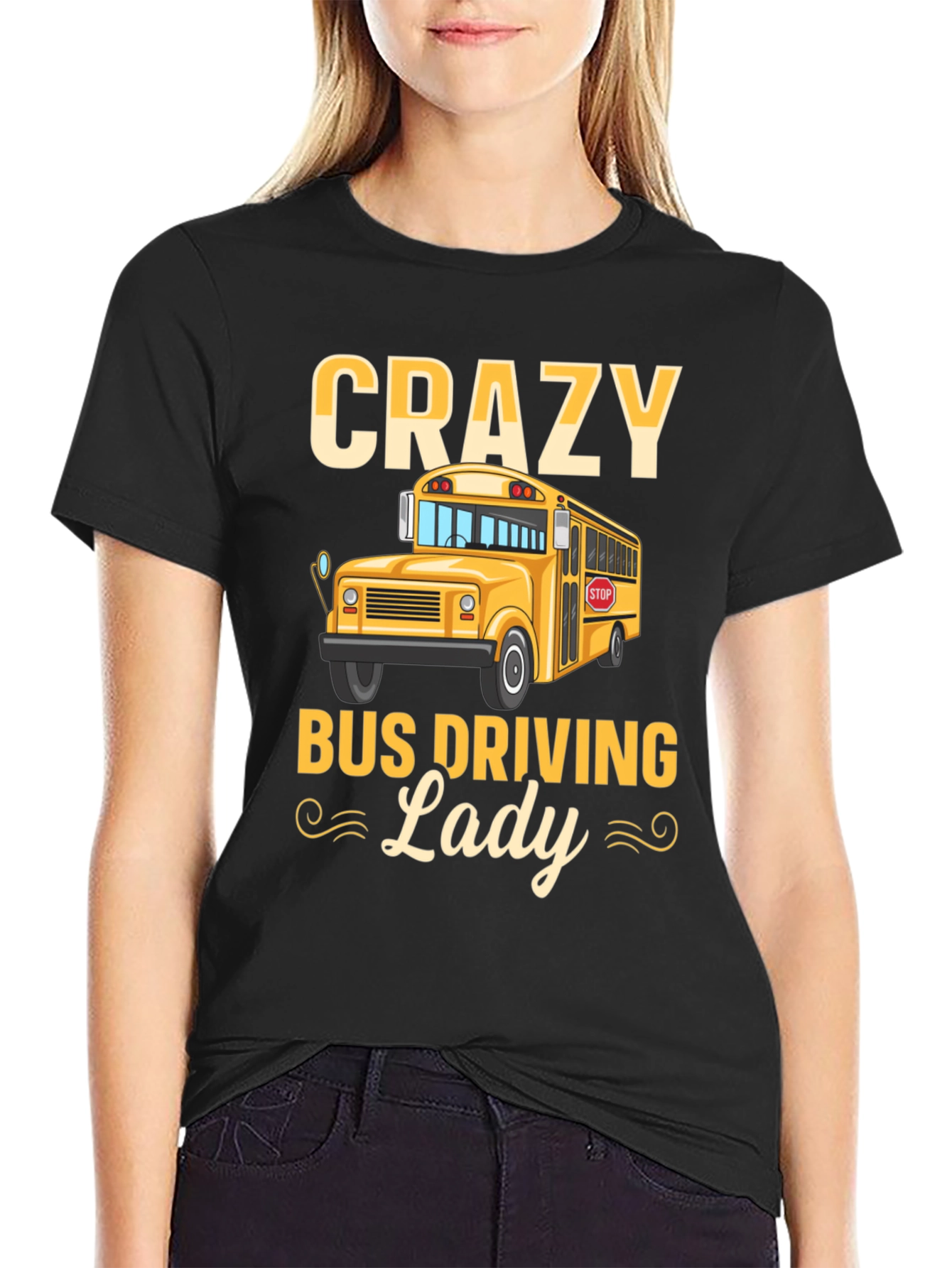 Black Crazy Bus Driving Lady T-Shirt - Black view 2