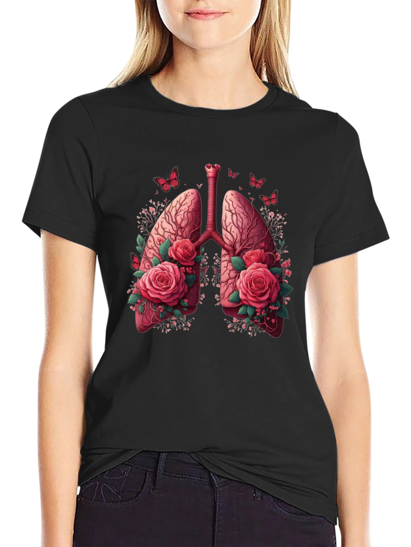 Black Floral Lung Anatomy Graphic Tee - Unisex view 2