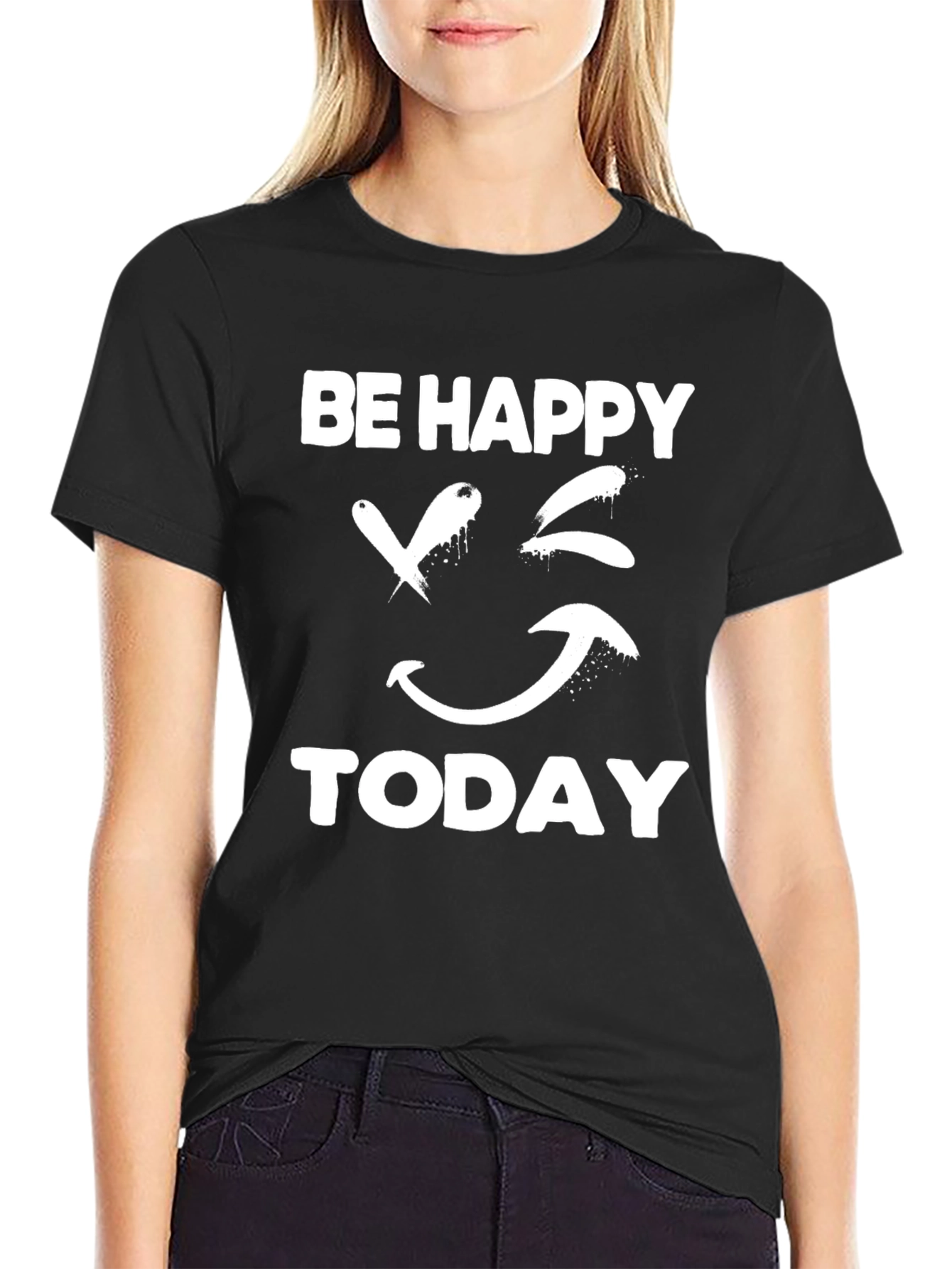 Black Be Happy Today Graphic T-Shirt view 2