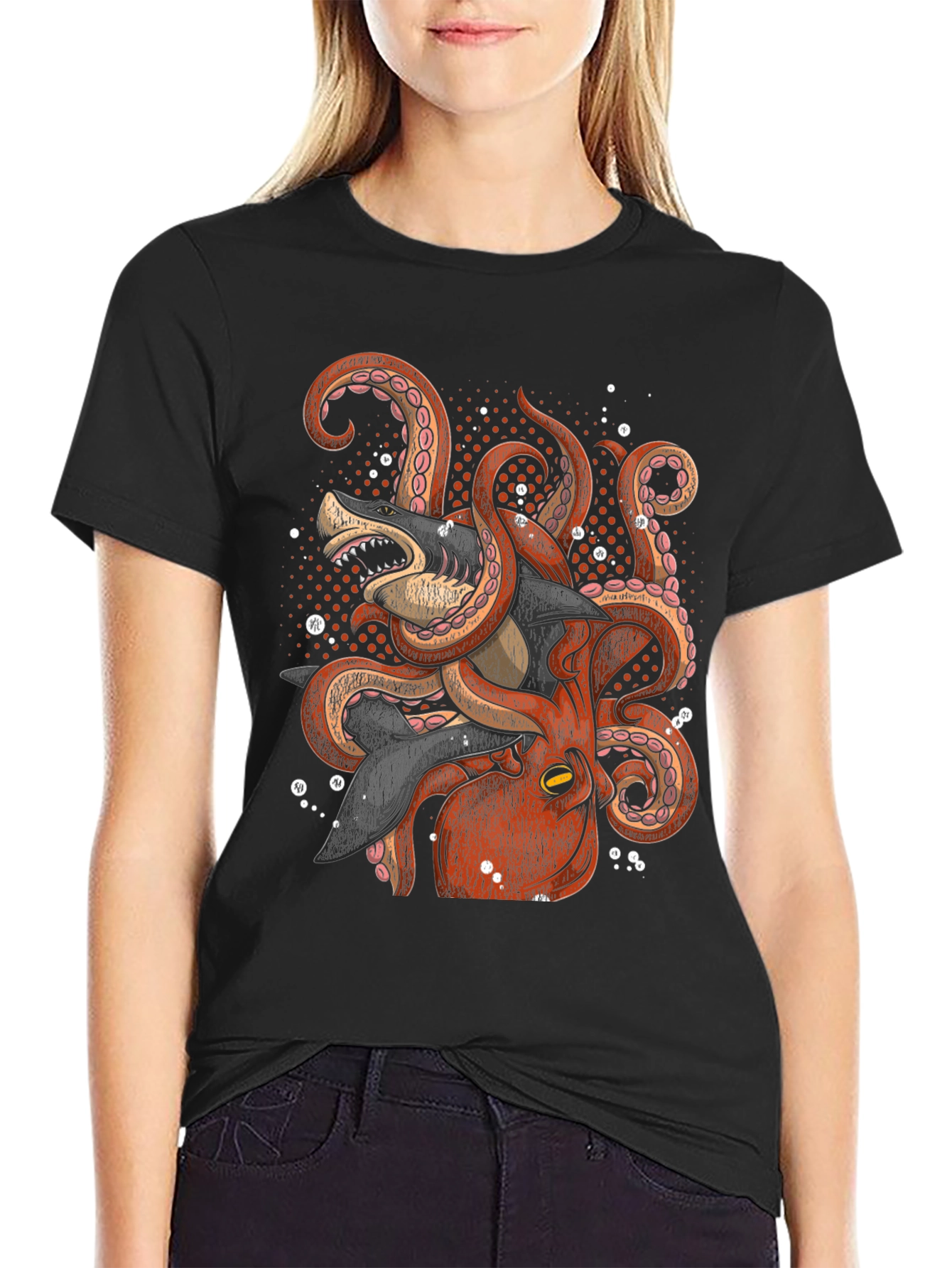 Black Octopus vs Shark Graphic Tee - Black view 2