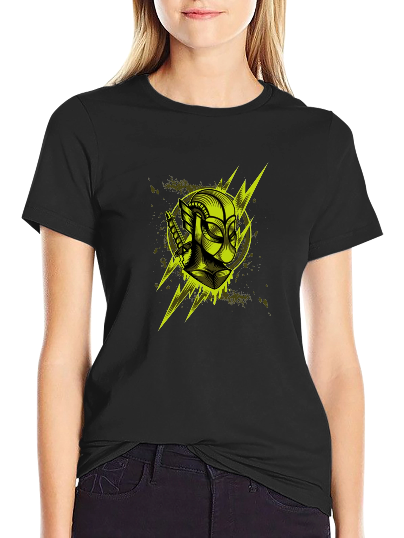 Black Men's Black Graphic T-Shirt: Neon Deadpool Design view 2