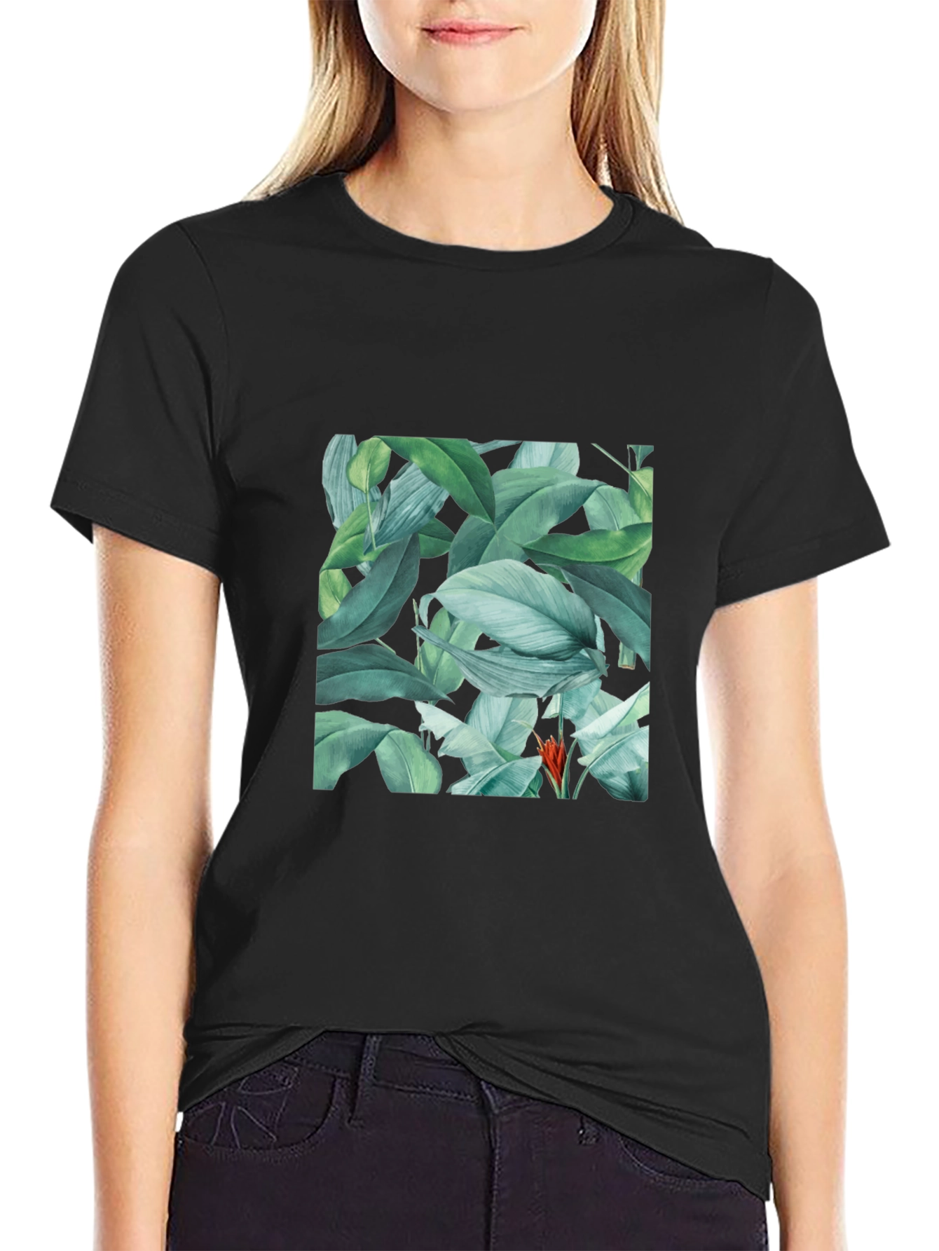 Black Tropical Leaves Print Black T-Shirt view 2