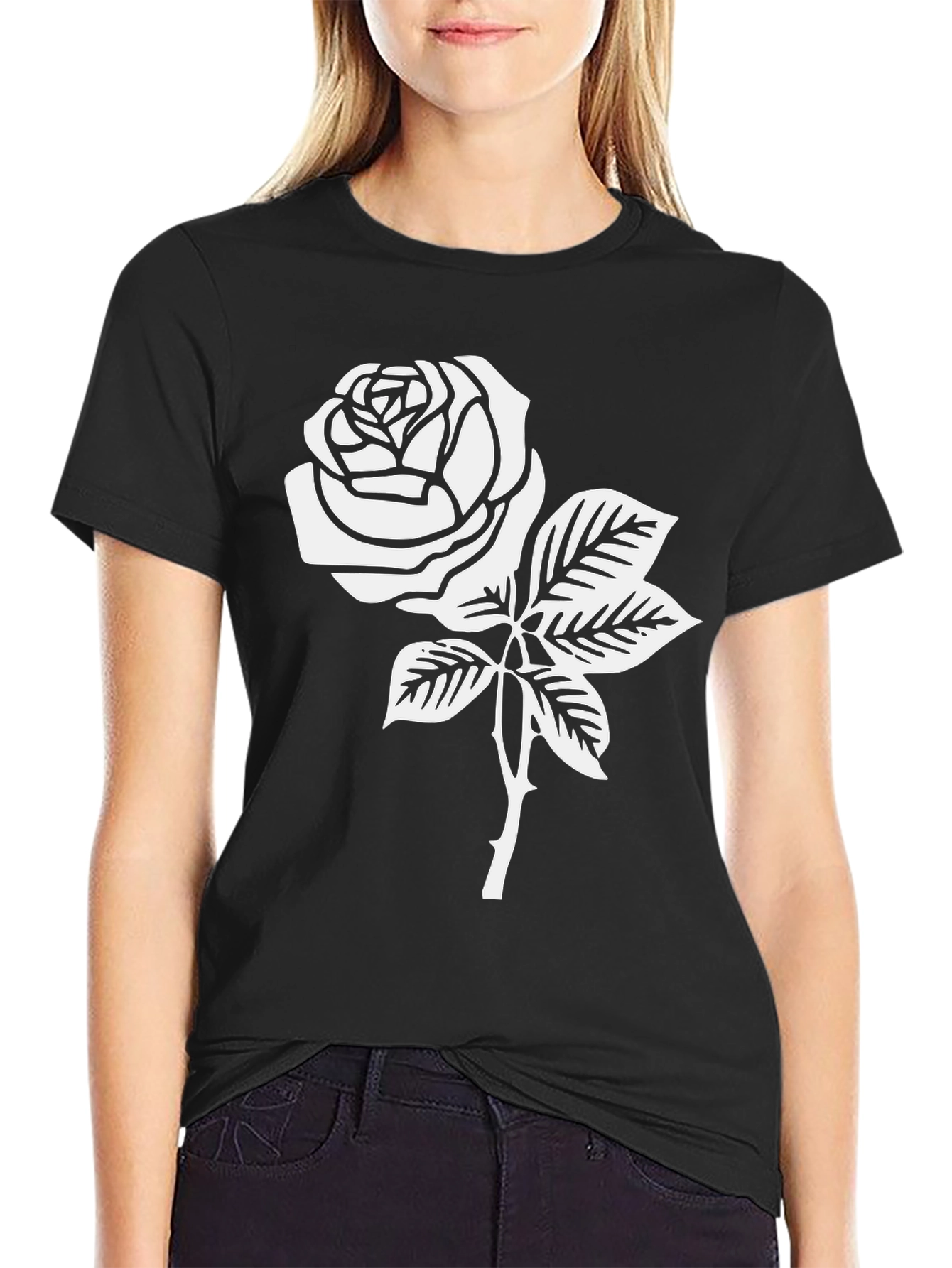 Black Black T-Shirt with White Rose Graphic view 2