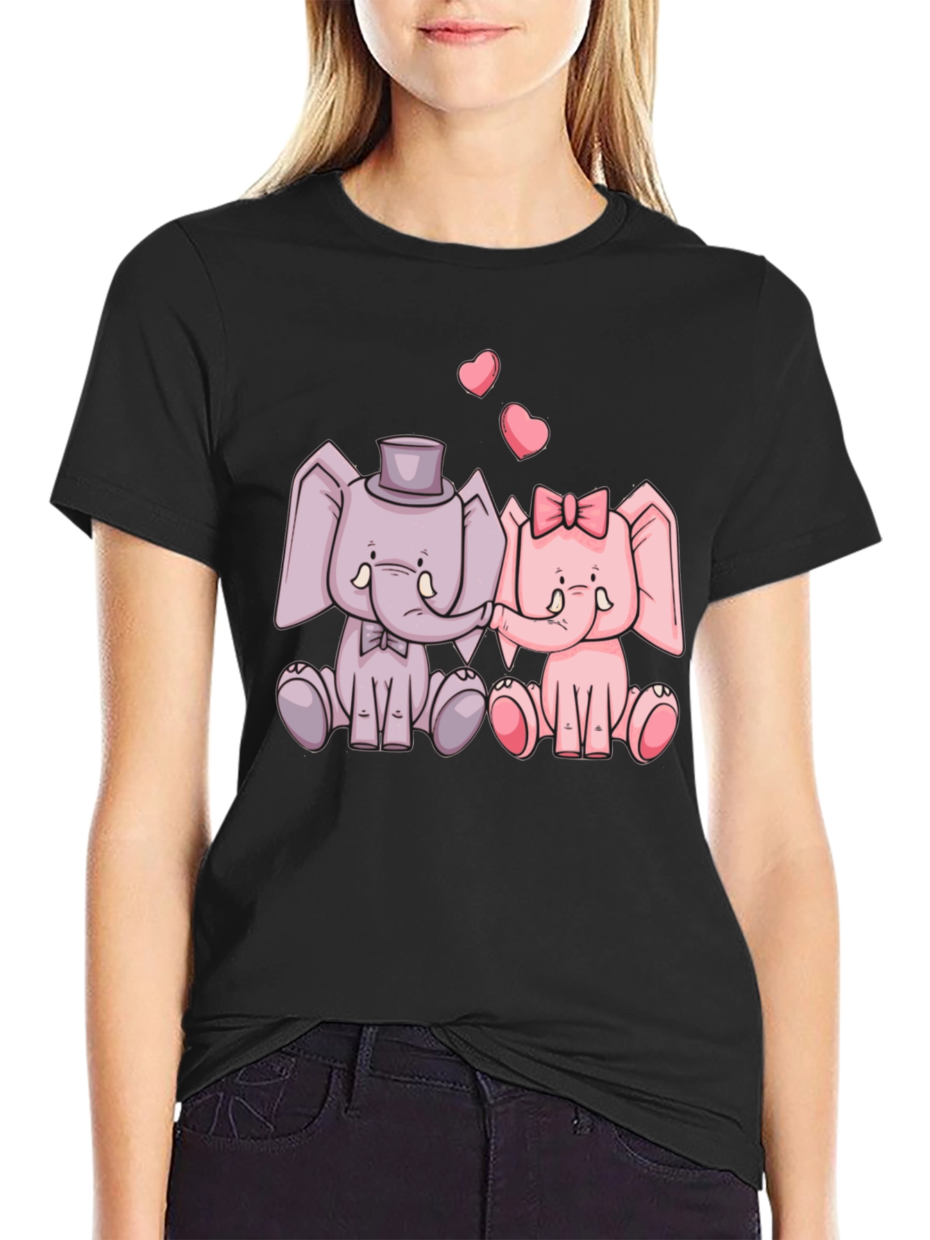 Black Elephant Love T-Shirt - Cute Cartoon Design view 2