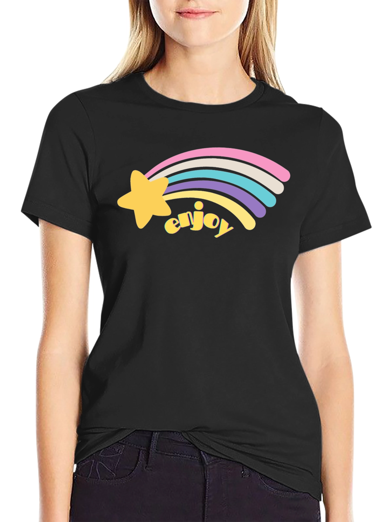 Black Enjoy Shooting Star Graphic Tee - Black Cotton Blend view 2