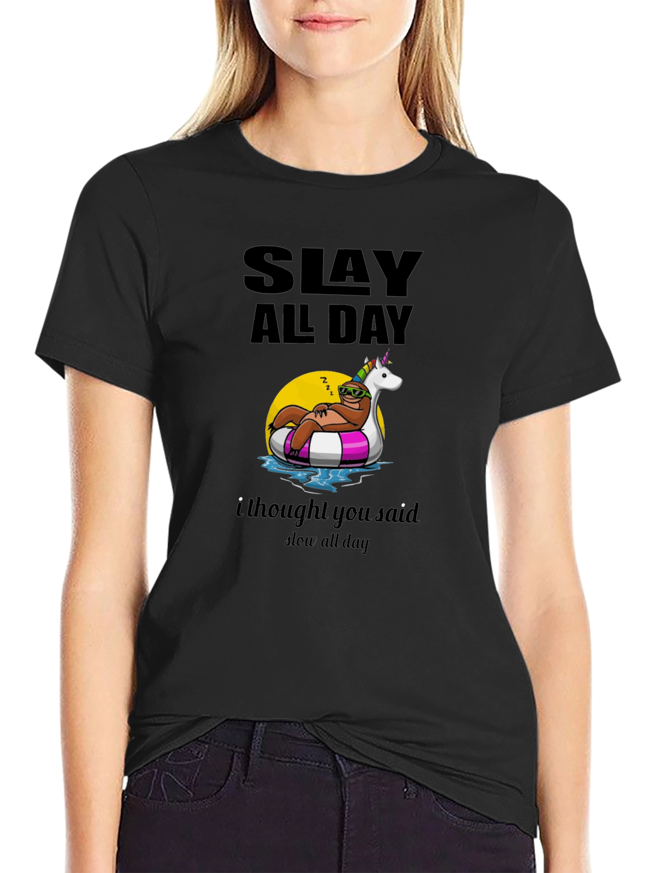 Black Slay All Day Sloth Unisex T-Shirt view 2
