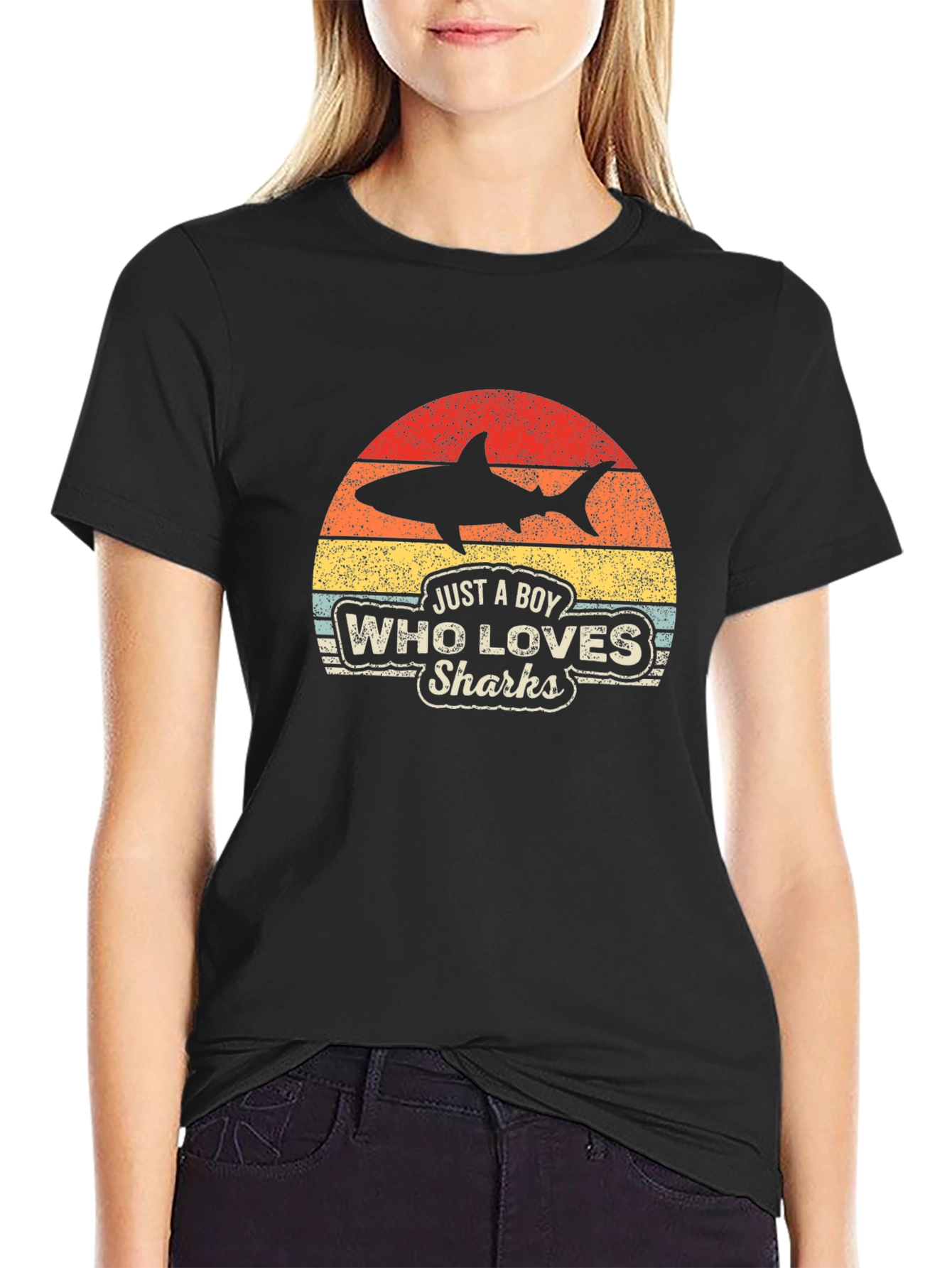 Black Boy Who Loves Sharks Black T-Shirt - Retro Style view 2
