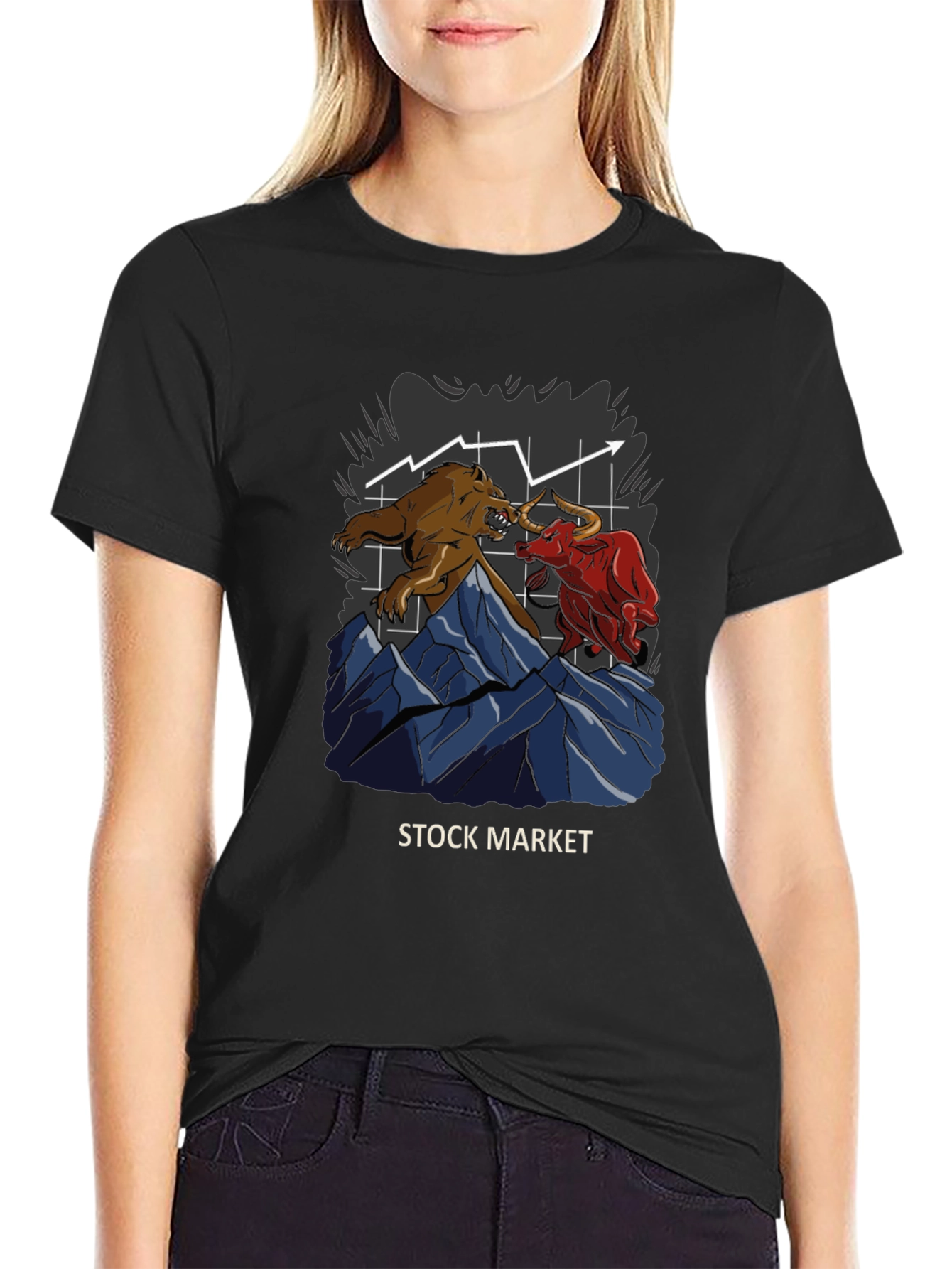 Black Stock Market Bull vs Bear Graphic T-Shirt view 2