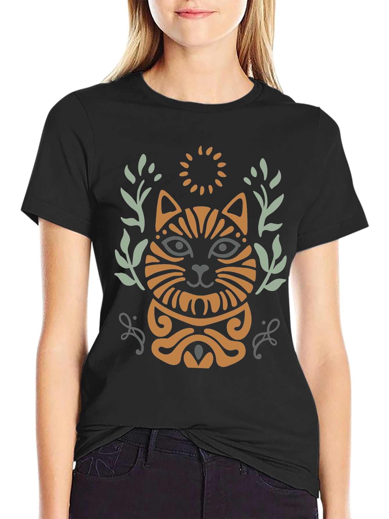Black Stylish Cat Graphic Print Black T-Shirt view 2