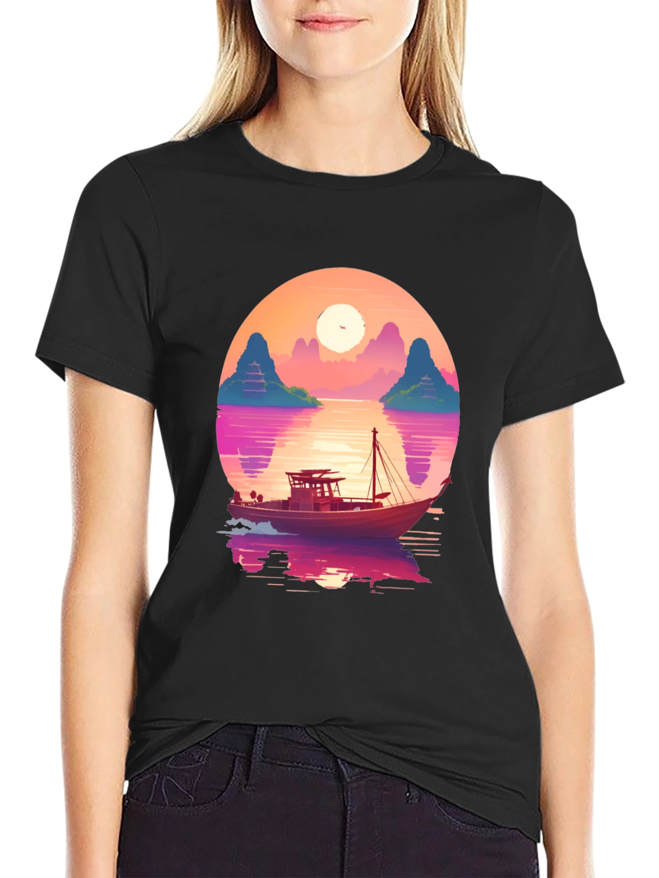 Black Sunset Boat Graphic Tee - Retro Style view 2