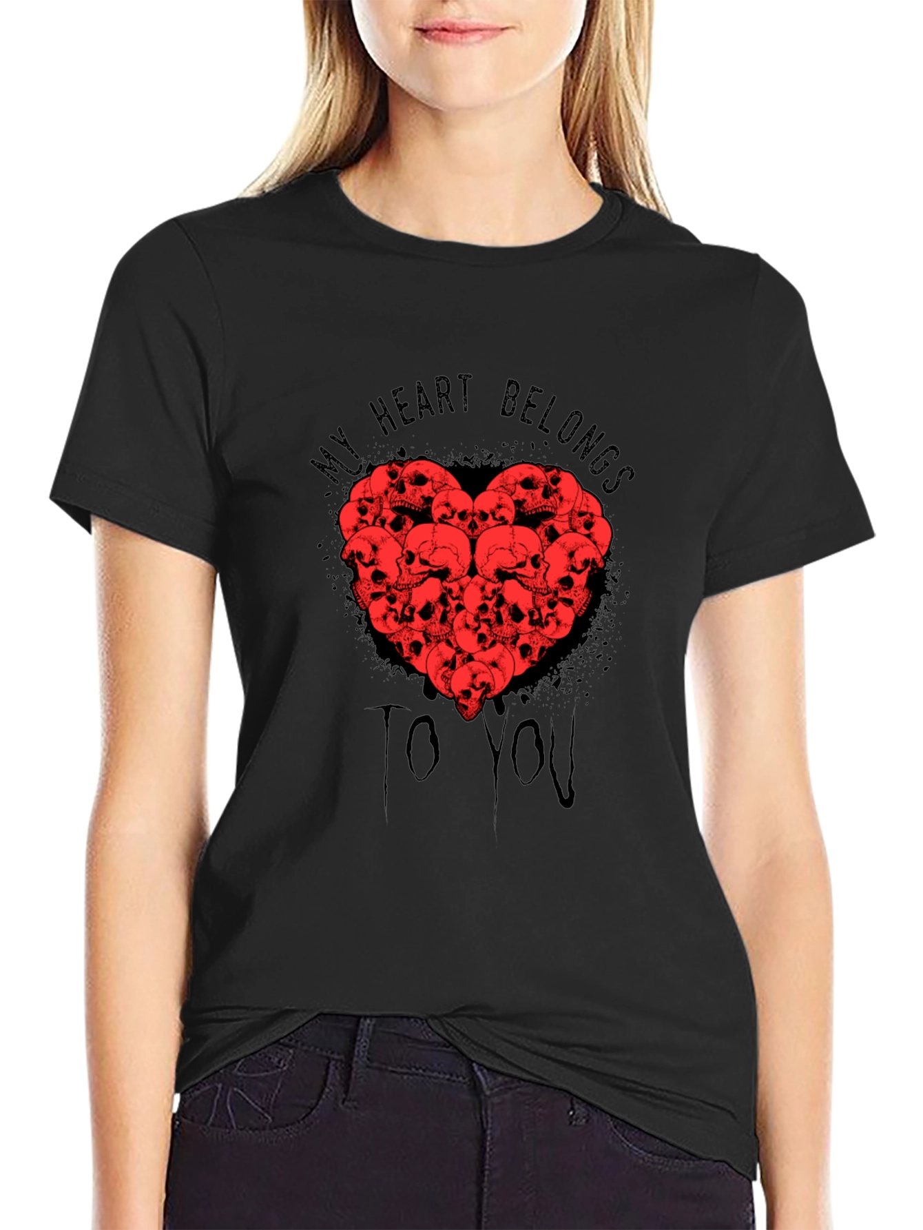 Black Skull Heart Graphic T-Shirt - My Heart Belongs To You view 2