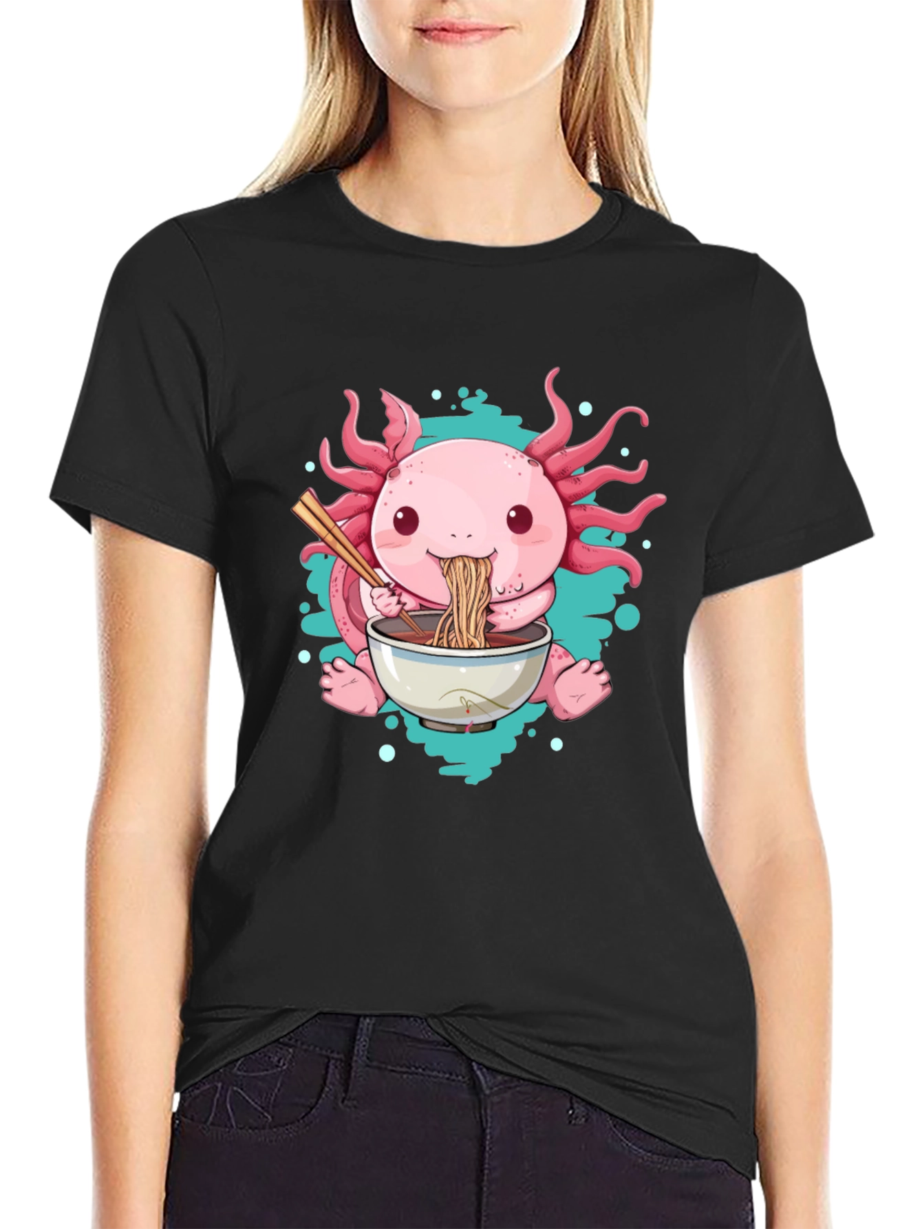 Black Axolotl Ramen T-Shirt - Cute Cartoon Tee view 2
