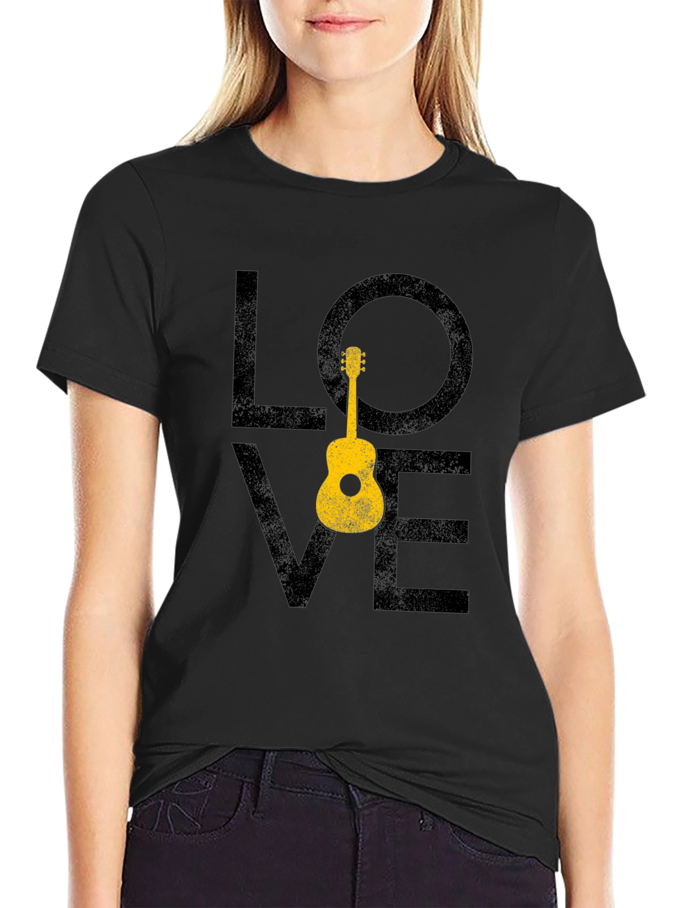 Black Love Guitar Graphic T-Shirt - Black Casual Tee view 2